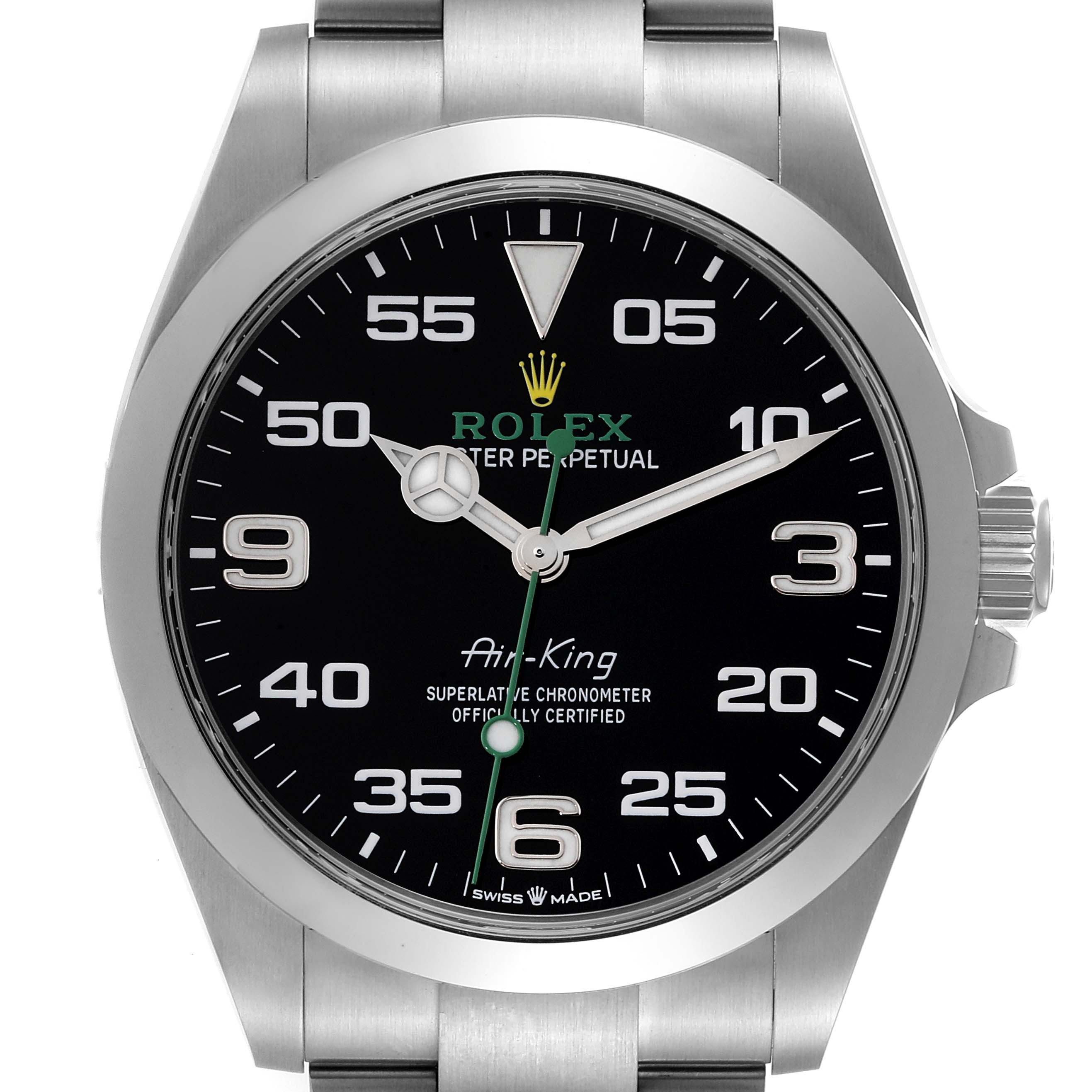 This is a front view of the Rolex Air-King 126900 Men's Stainless Steel Black Dial 126900 Men's Stainless Steel Black Dial watch, showing its dial, hands, crown, and bracelet.