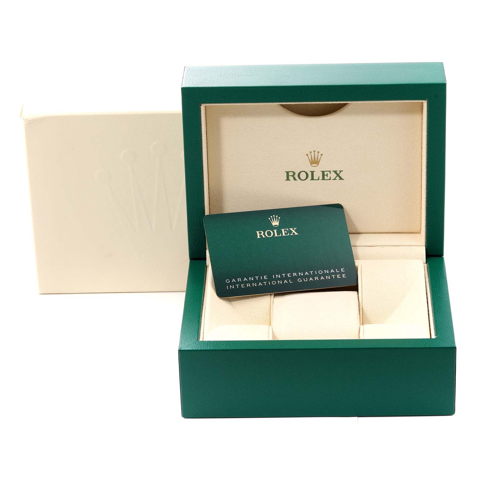 The image shows the Rolex Air-King 126900 Men's Stainless Steel Black Dial 126900 Men's Stainless Steel Black Dial watch box at an open angle with the international guarantee card inside.