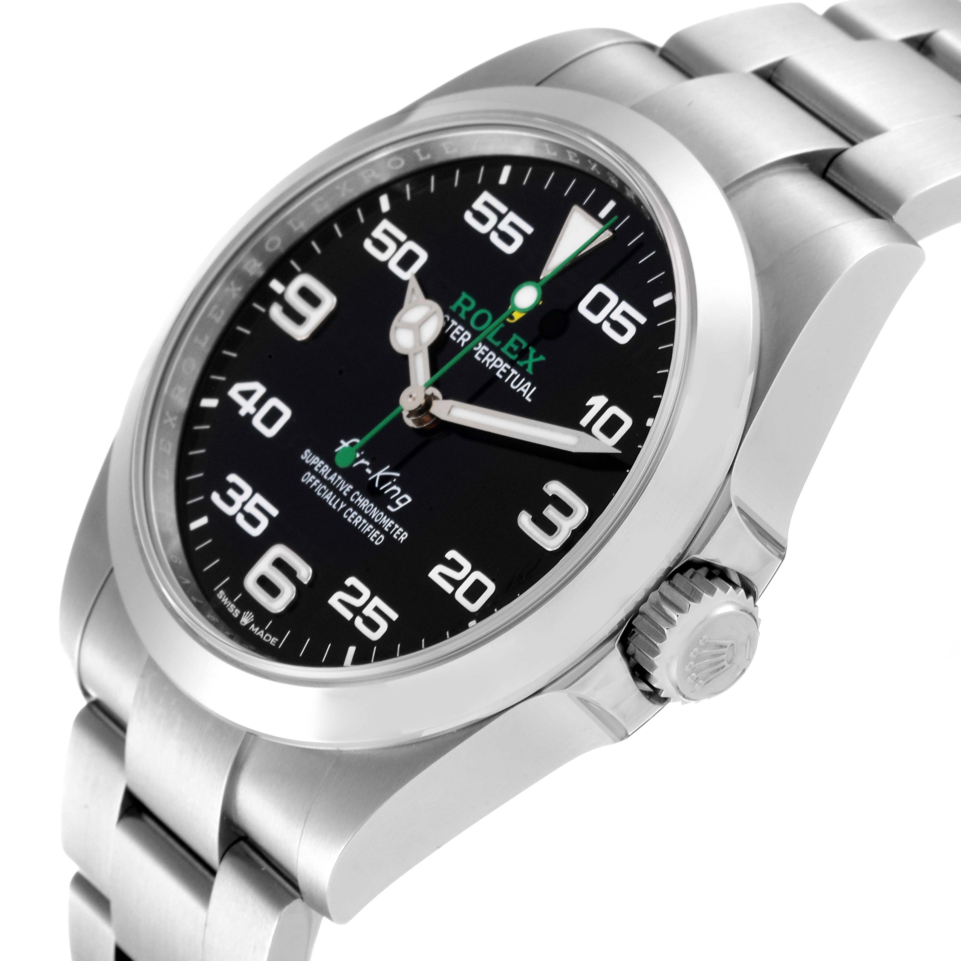 The Rolex Air-King 126900 Men's Stainless Steel Black Dial 126900 Men's Stainless Steel Black Dial watch is shown at an angled view, highlighting its black dial, case, and part of the bracelet.