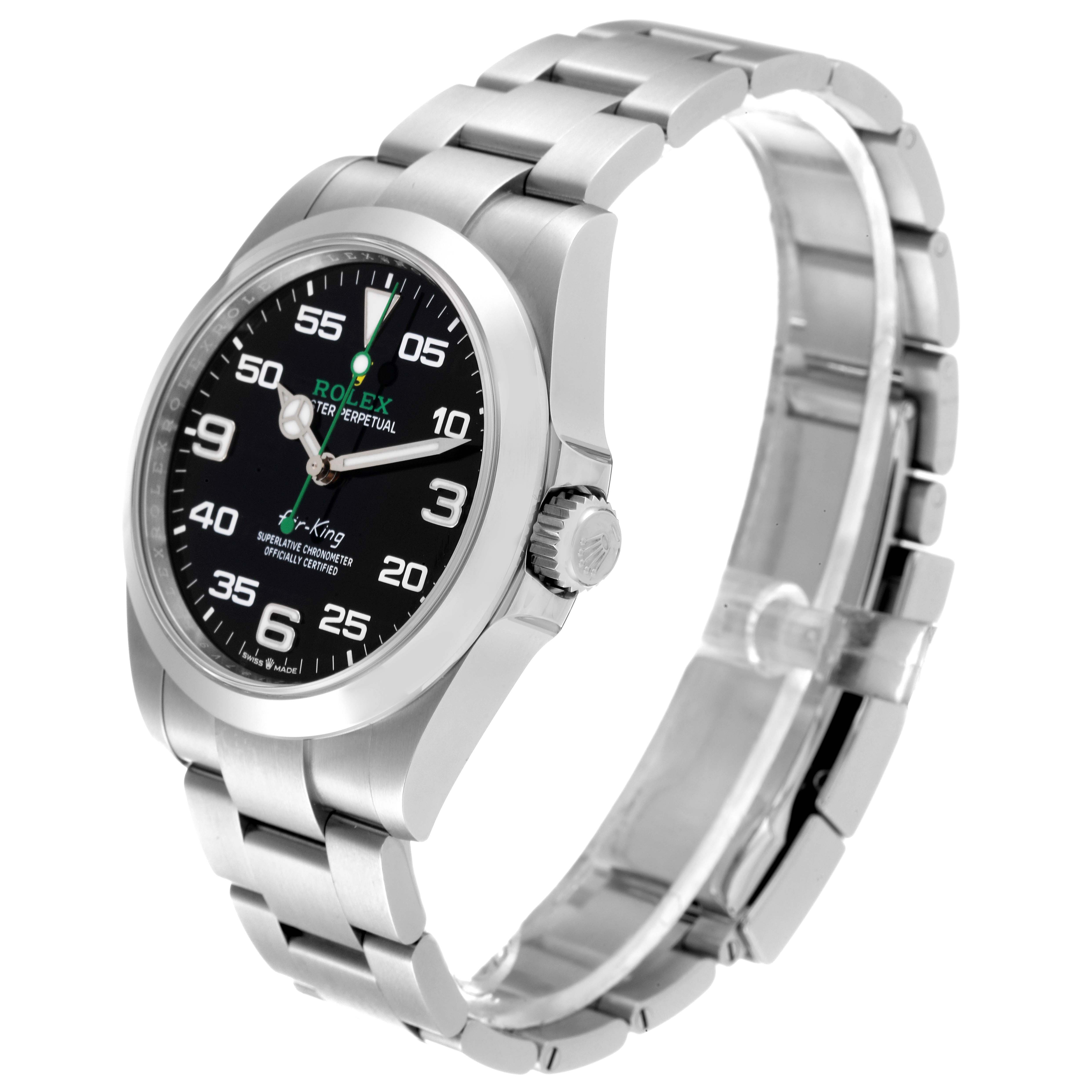 This image shows a side view of the Rolex Air-King 126900 Men's Stainless Steel Black Dial 126900 Men's Stainless Steel Black Dial watch, highlighting the face, crown, and bracelet.