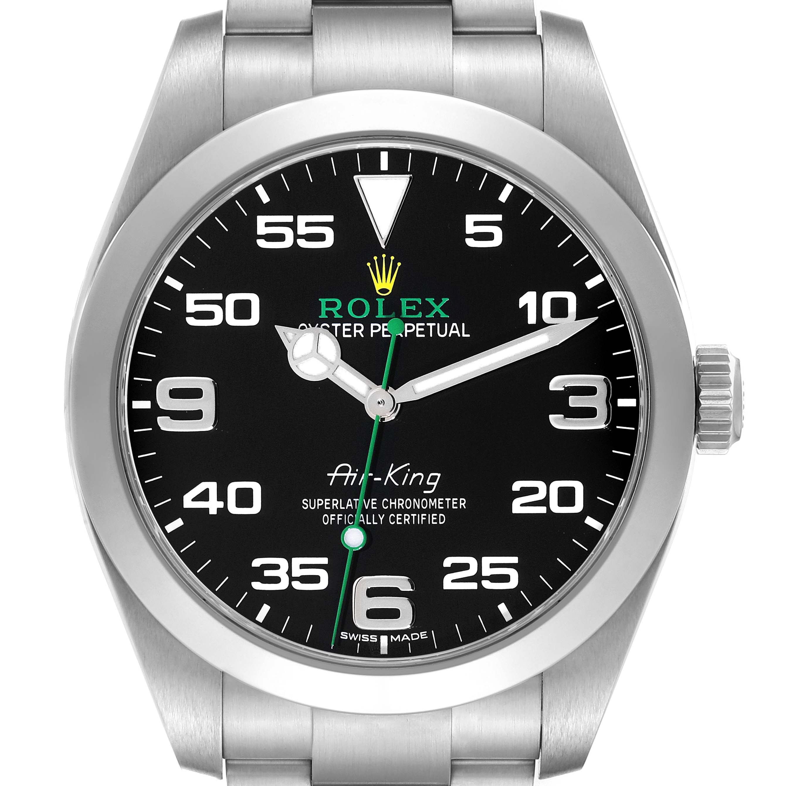 The image shows a front view of a Rolex Air-King 116900 Men's Stainless Steel Black Dial 116900 Men's Stainless Steel Black Dial watch, displaying the face, bezel, and part of the bracelet.