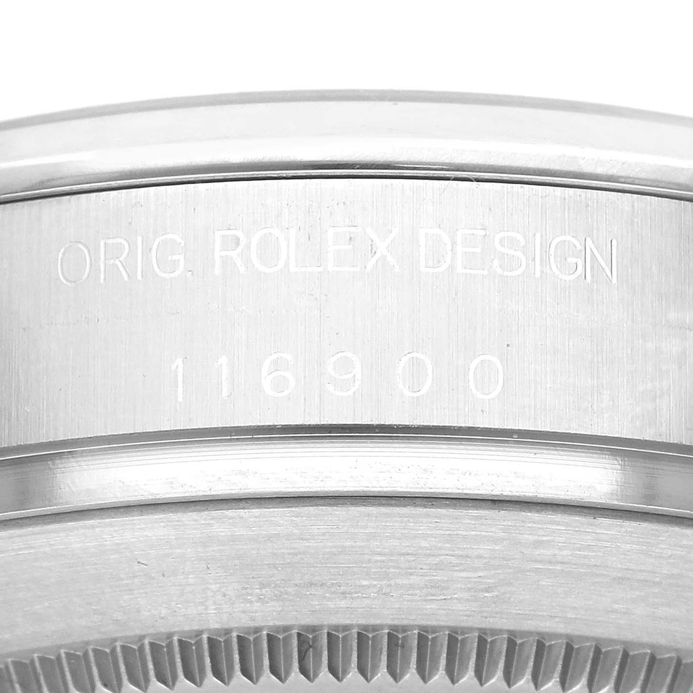 The image shows a close-up of the side engraving on the case of a Rolex Air-King 116900 Men's Stainless Steel Black Dial 116900 Men's Stainless Steel Black Dial model, displaying "Orig. Rolex Design" and the model number 116900.