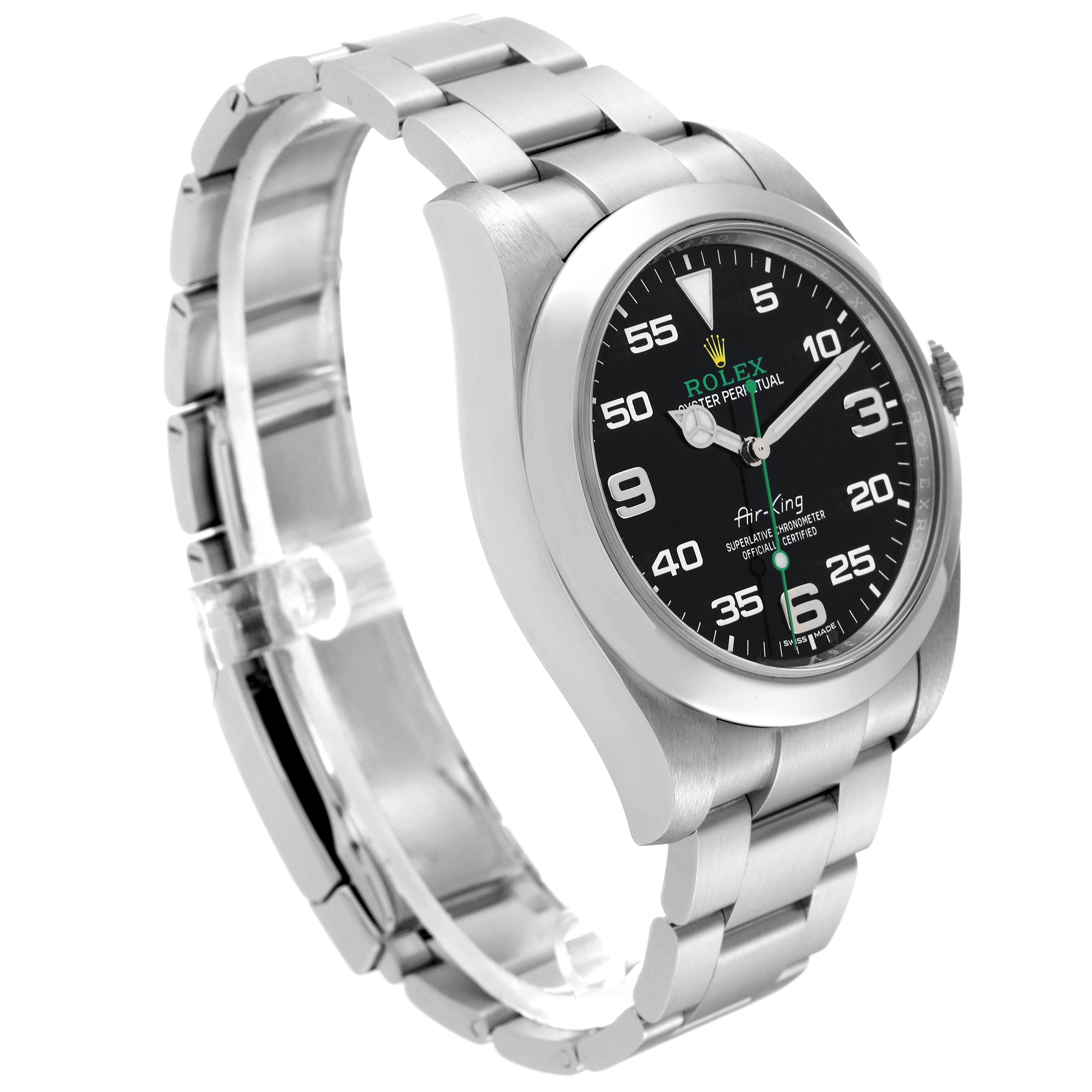 The image shows the Rolex Air-King 116900 Men's Stainless Steel Black Dial 116900 Men's Stainless Steel Black Dial watch at a three-quarter angle, highlighting its dial, bracelet, and crown.