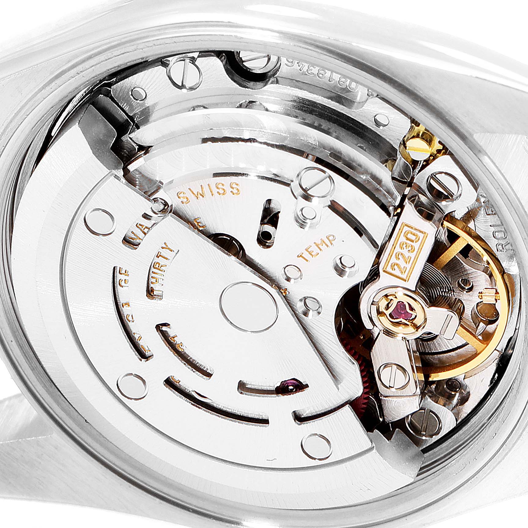 This image shows a close-up of the movement mechanism of a Rolex Oyster Perpetual 76183 Women
s Steel and Gold (two tone) Grey Dial 76183 Women
s Steel and Gold (two tone) Grey Dial watch.