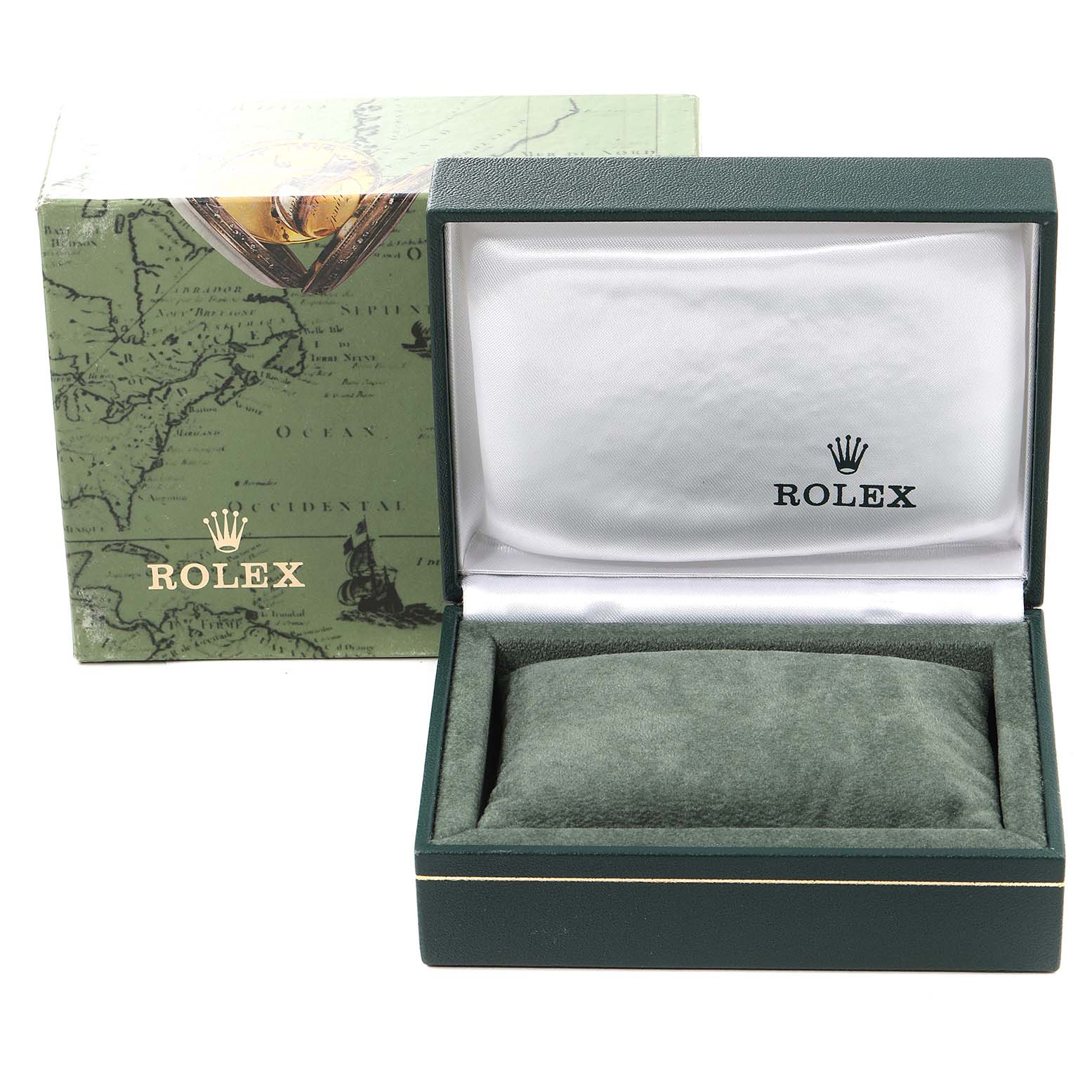 The image shows the open box and packaging for a Rolex Oyster Perpetual 76183 Women
s Steel and Gold (two tone) Grey Dial 76183 Women
s Steel and Gold (two tone) Grey Dial watch, highlighting the brand
s logo.