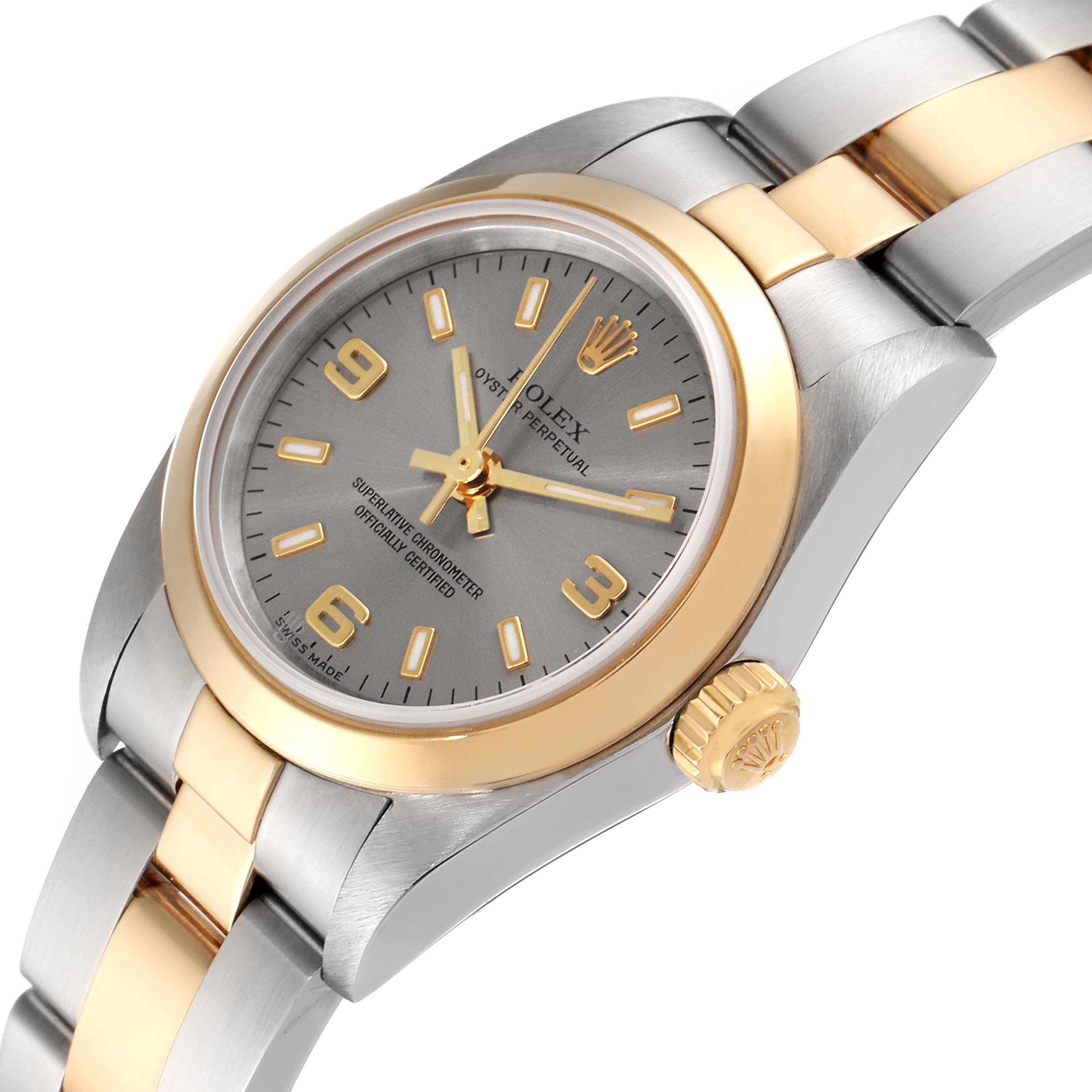 The image shows a Rolex Oyster Perpetual 76183 Women
s Steel and Gold (two tone) Grey Dial 76183 Women
s Steel and Gold (two tone) Grey Dial watch at a close-up angle, highlighting the dial, bezel, crown, and a portion of the bracelet.