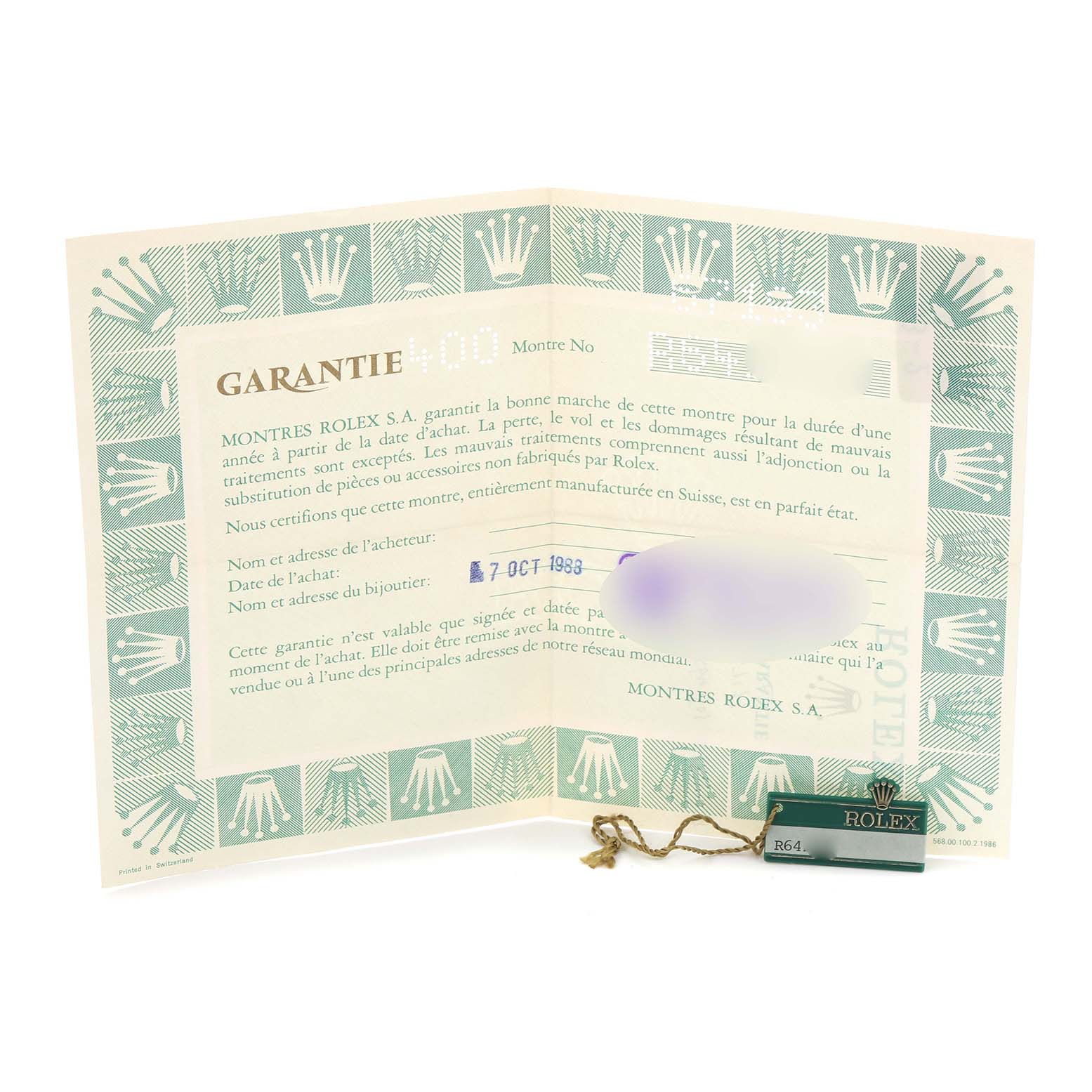 The image shows a warranty certificate and a green Rolex tag for the Rolex Oyster Perpetual 67193 Women's Steel and Gold (two tone) Champagne Dial 67193 Women's Steel and Gold (two tone) Champagne Dial model.