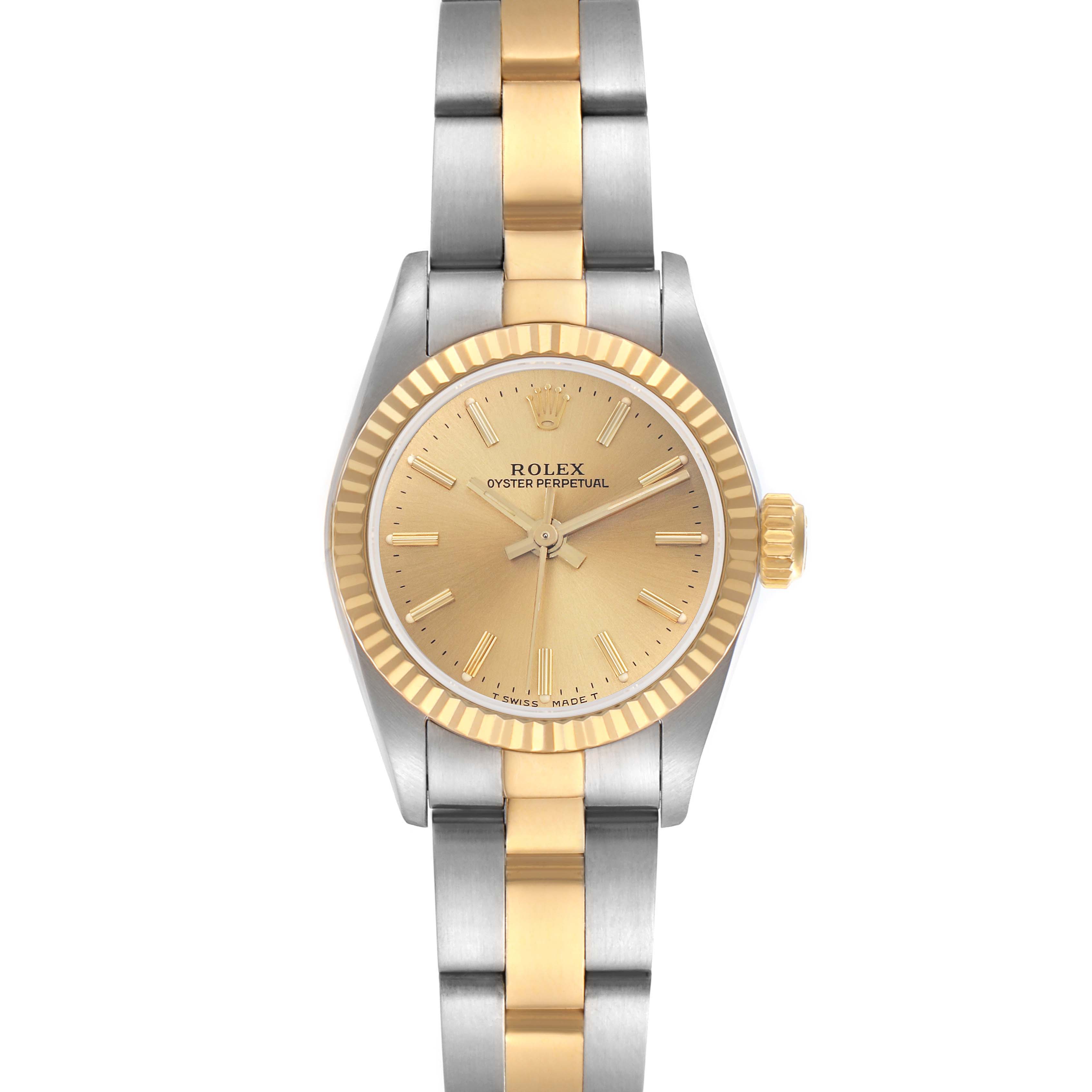 The Rolex Oyster Perpetual 67193 Women's Steel and Gold (two tone) Champagne Dial 67193 Women's Steel and Gold (two tone) Champagne Dial watch is shown from the front, displaying the face, bezel, and bracelet with a two-tone design.