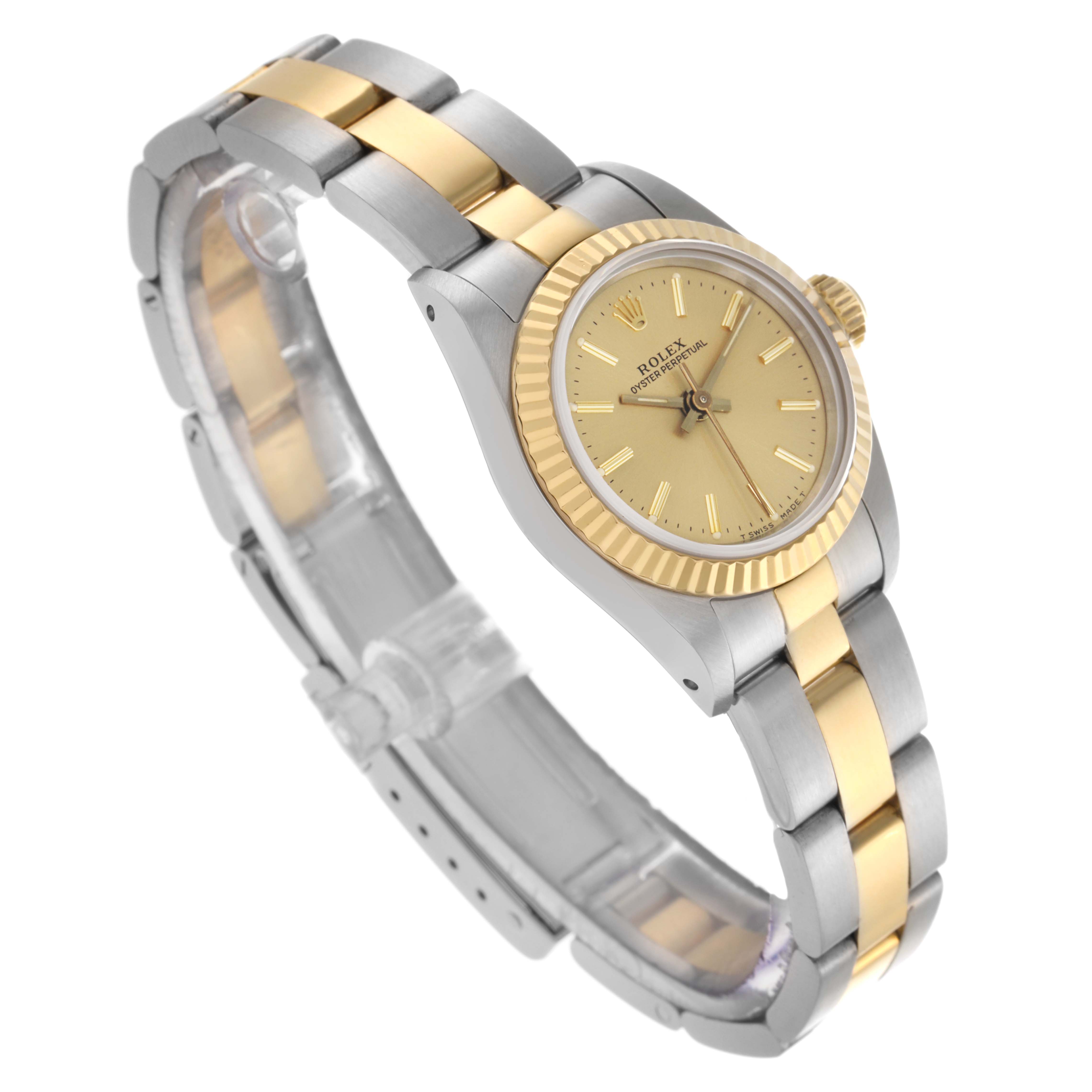 The image shows a Rolex Oyster Perpetual 67193 Women's Steel and Gold (two tone) Champagne Dial 67193 Women's Steel and Gold (two tone) Champagne Dial watch at a three-quarter angle, highlighting its gold bezel and two-tone bracelet.