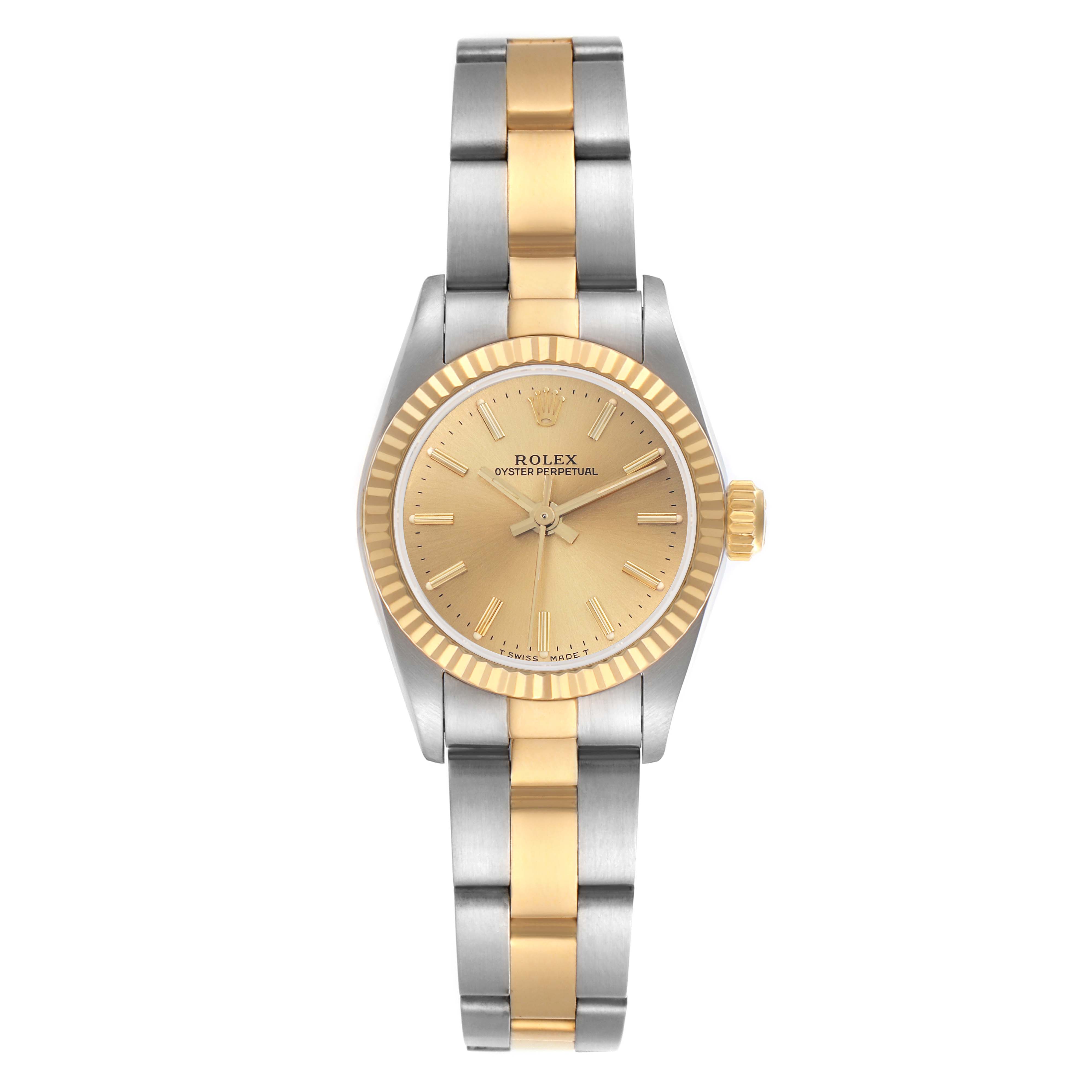 The Rolex Oyster Perpetual 67193 Women's Steel and Gold (two tone) Champagne Dial 67193 Women's Steel and Gold (two tone) Champagne Dial watch is shown from a top view, highlighting its gold dial, fluted bezel, and two-tone bracelet.