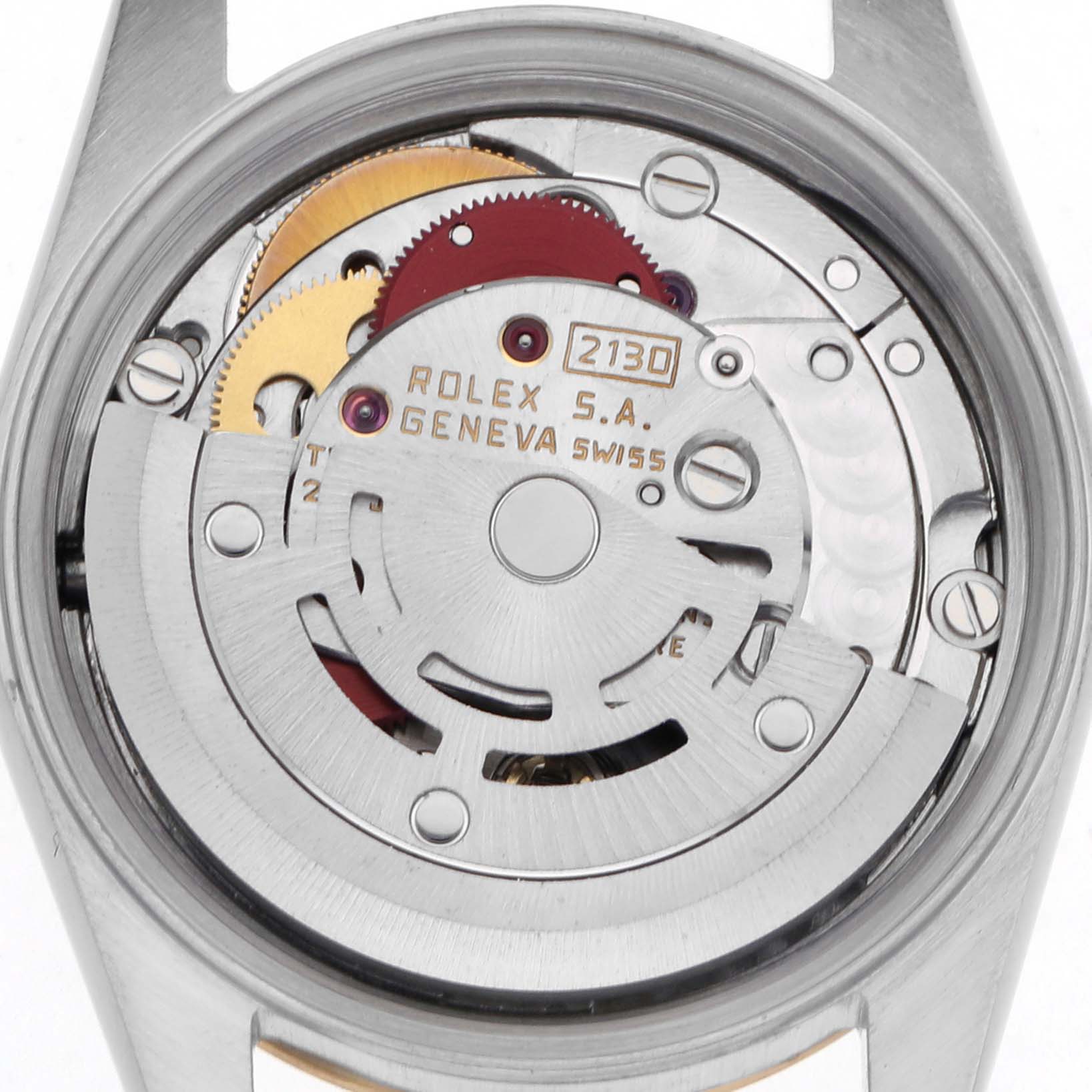 The image shows the back view of a Rolex Oyster Perpetual 67193 Women's Steel and Gold (two tone) Champagne Dial 67193 Women's Steel and Gold (two tone) Champagne Dial watch, highlighting its internal movement mechanism.