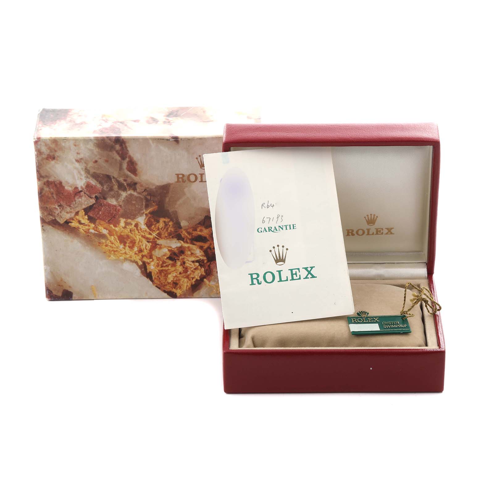 The image shows the packaging and guarantee card for a Rolex Oyster Perpetual 67193 Women's Steel and Gold (two tone) Champagne Dial 67193 Women's Steel and Gold (two tone) Champagne Dial, with the box slightly open revealing the interior.