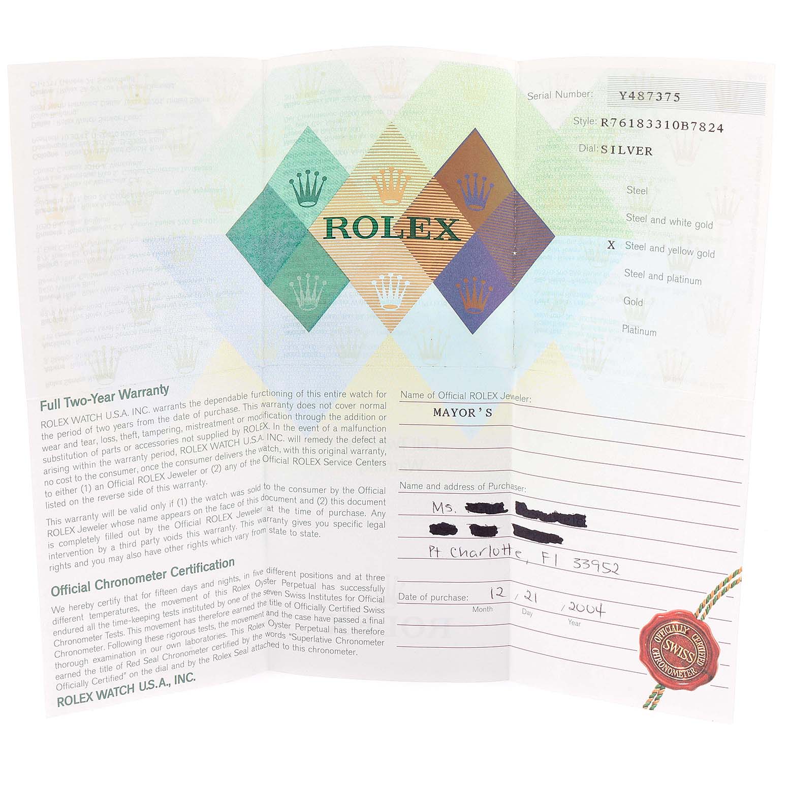 The image shows the warranty and certification paperwork for the Rolex Oyster Perpetual 76183 Women's Steel and Gold (two tone) Silver Dial 76183 Women's Steel and Gold (two tone) Silver Dial watch model.