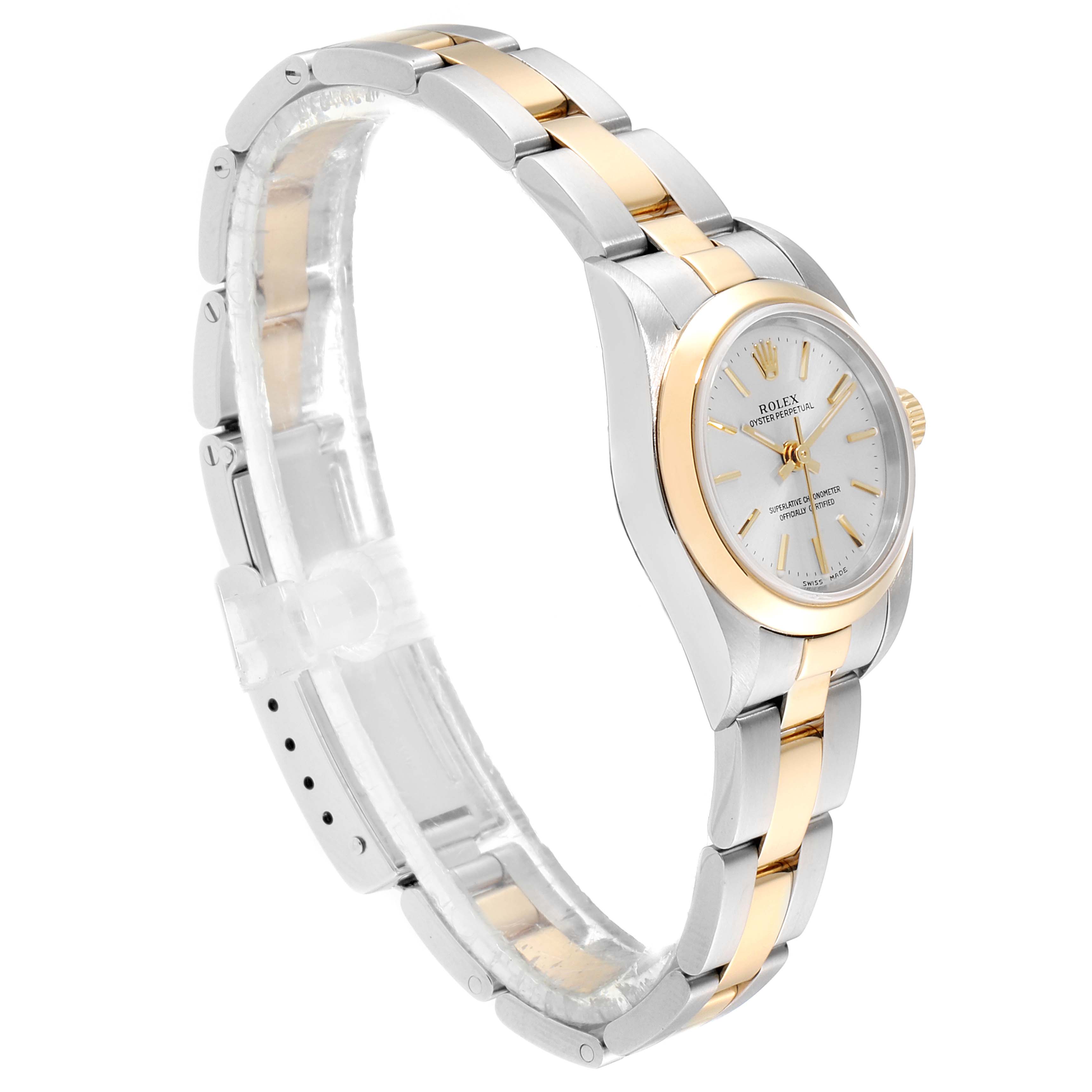The image shows a side angle of a Rolex Oyster Perpetual 76183 Women's Steel and Gold (two tone) Silver Dial 76183 Women's Steel and Gold (two tone) Silver Dial watch, highlighting the two-tone metal bracelet and the face.