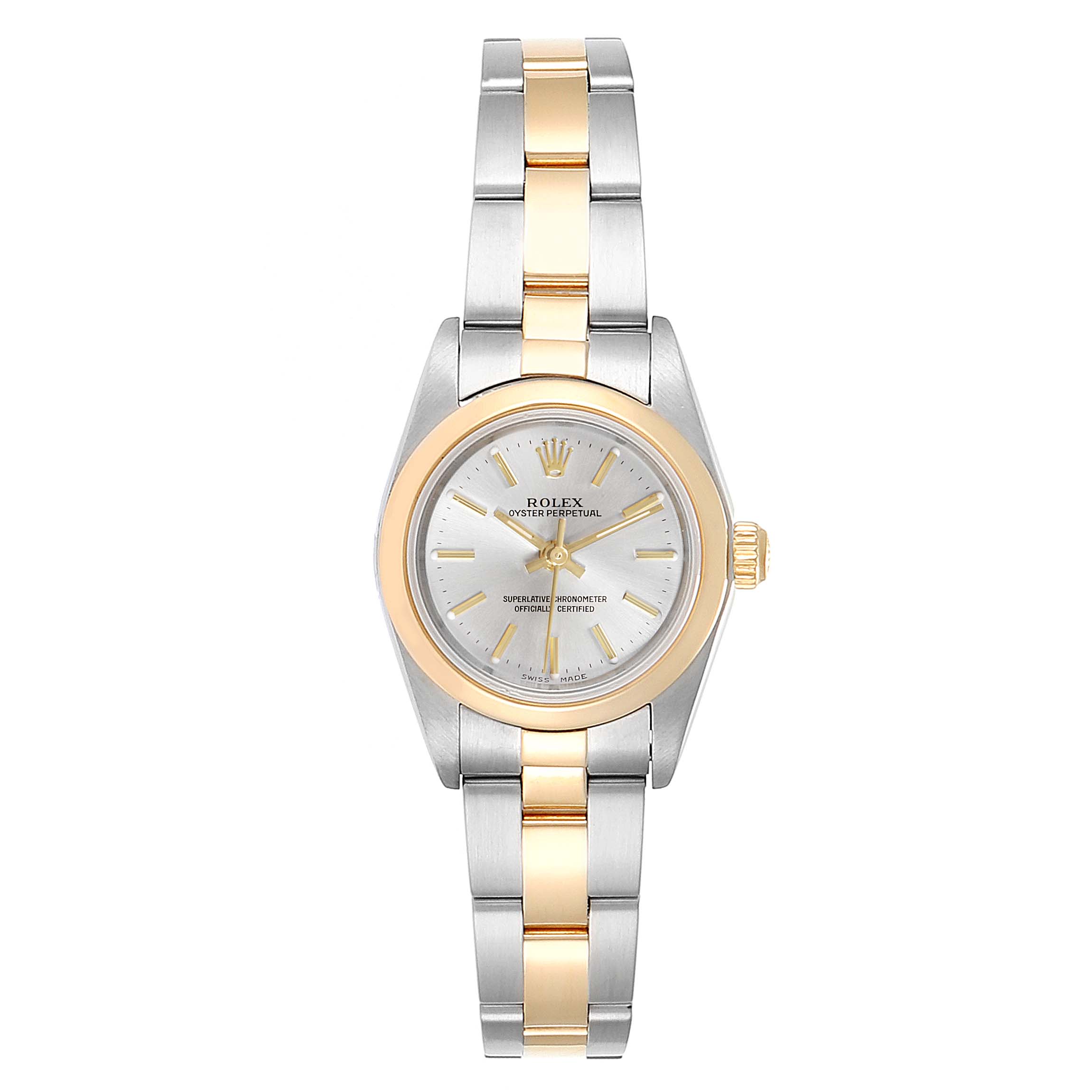 The Rolex Oyster Perpetual 76183 Women's Steel and Gold (two tone) Silver Dial 76183 Women's Steel and Gold (two tone) Silver Dial watch is shown from a top-down angle, displaying the face, bezel, and two-tone metal bracelet.