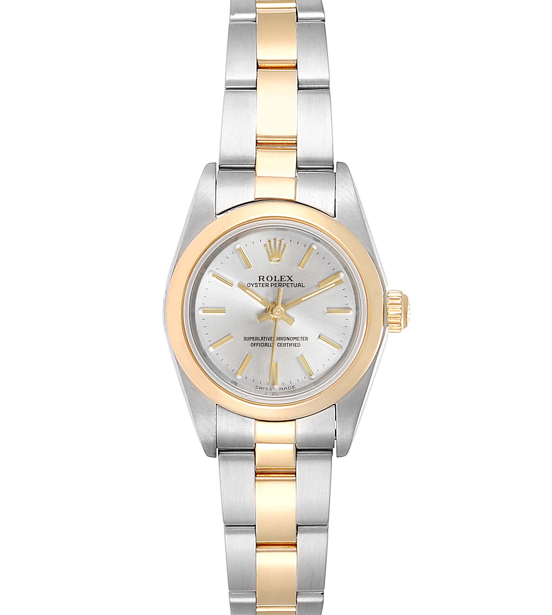 This image shows a front view of a Rolex Oyster Perpetual 76183 Women's Steel and Gold (two tone) Silver Dial 76183 Women's Steel and Gold (two tone) Silver Dial watch, highlighting the dial, bezel, and two-tone bracelet.
