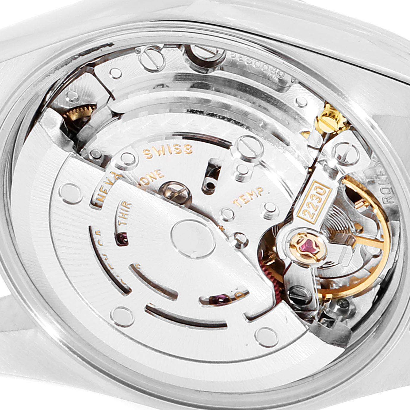 The image shows the internal mechanism of a Rolex Oyster Perpetual 76183 Women's Steel and Gold (two tone) Silver Dial 76183 Women's Steel and Gold (two tone) Silver Dial watch viewed from the back case angle.