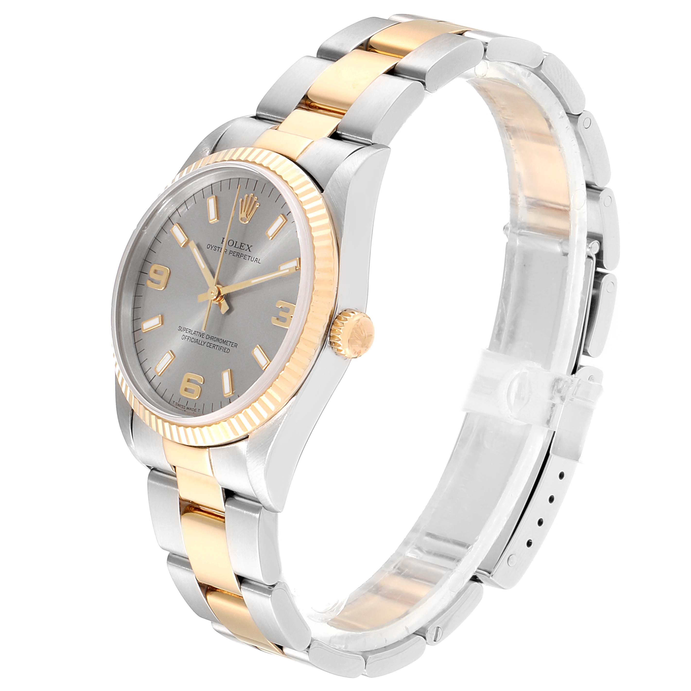 The Rolex Oyster Perpetual 14233 Men's Steel and Gold (two tone) Grey Dial 14233 Men's Steel and Gold (two tone) Grey Dial watch is shown at a slight angle, displaying the face, crown, and part of the bracelet.