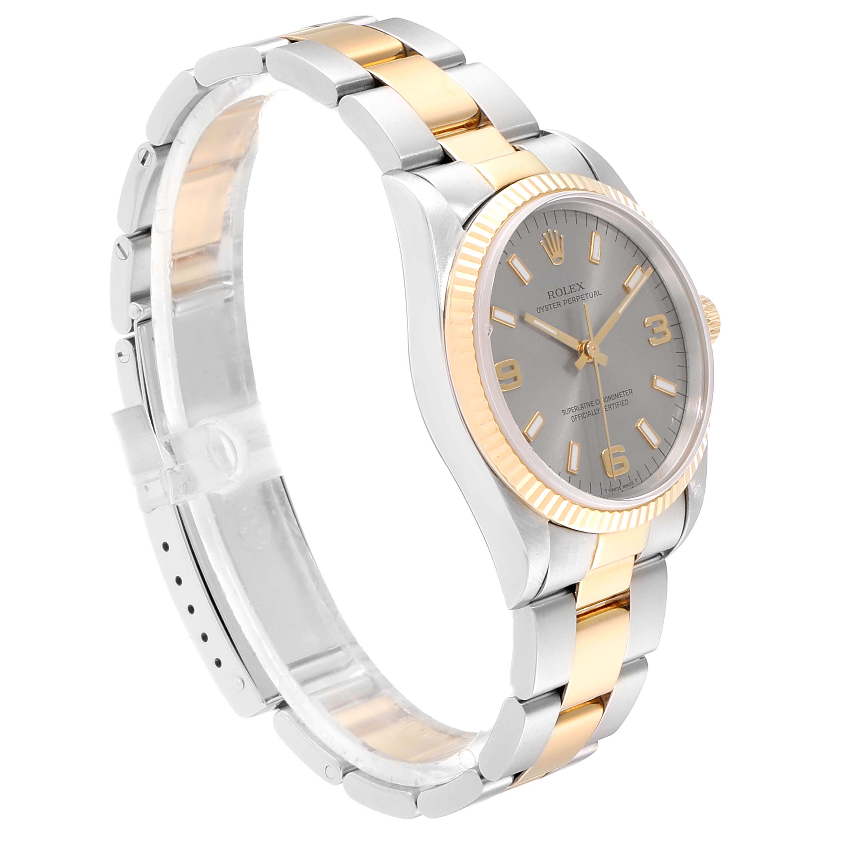 The image shows a side view of a Rolex Oyster Perpetual 14233 Men's Steel and Gold (two tone) Grey Dial 14233 Men's Steel and Gold (two tone) Grey Dial watch with a silver and gold bracelet and gray dial.
