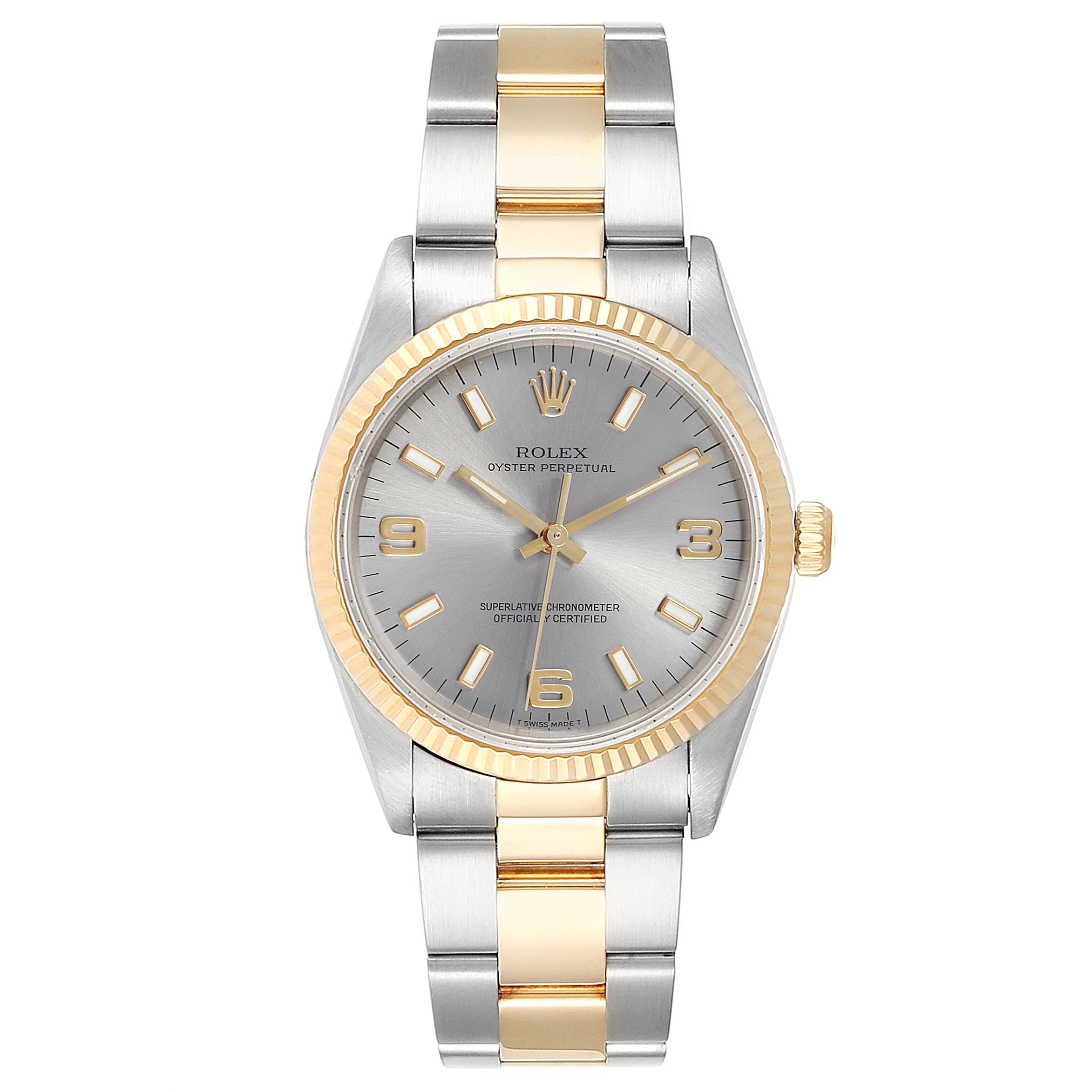 This image shows a front view of a Rolex Oyster Perpetual 14233 Men's Steel and Gold (two tone) Grey Dial 14233 Men's Steel and Gold (two tone) Grey Dial watch, displaying its dial, bezel, and bracelet.