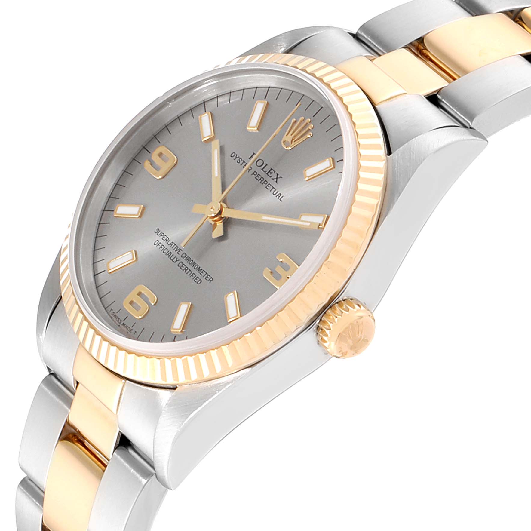This image shows a side angle of a Rolex Oyster Perpetual 14233 Men's Steel and Gold (two tone) Grey Dial 14233 Men's Steel and Gold (two tone) Grey Dial watch, highlighting the crown, bezel, dial, and part of the bracelet.