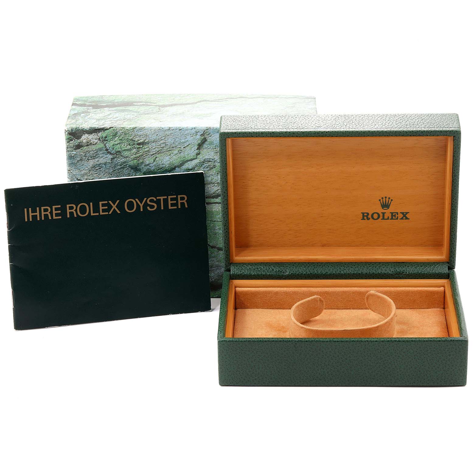 The image shows the open box and manual for a Rolex Oyster Perpetual 14233 Men's Steel and Gold (two tone) Grey Dial 14233 Men's Steel and Gold (two tone) Grey Dial watch.