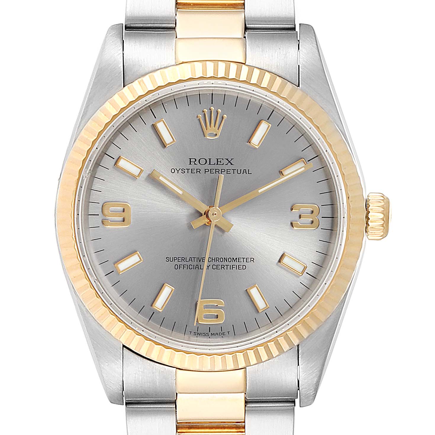 This image shows a front view of the Rolex Oyster Perpetual 14233 Men's Steel and Gold (two tone) Grey Dial 14233 Men's Steel and Gold (two tone) Grey Dial watch, including the face, bezel, and part of the bracelet.