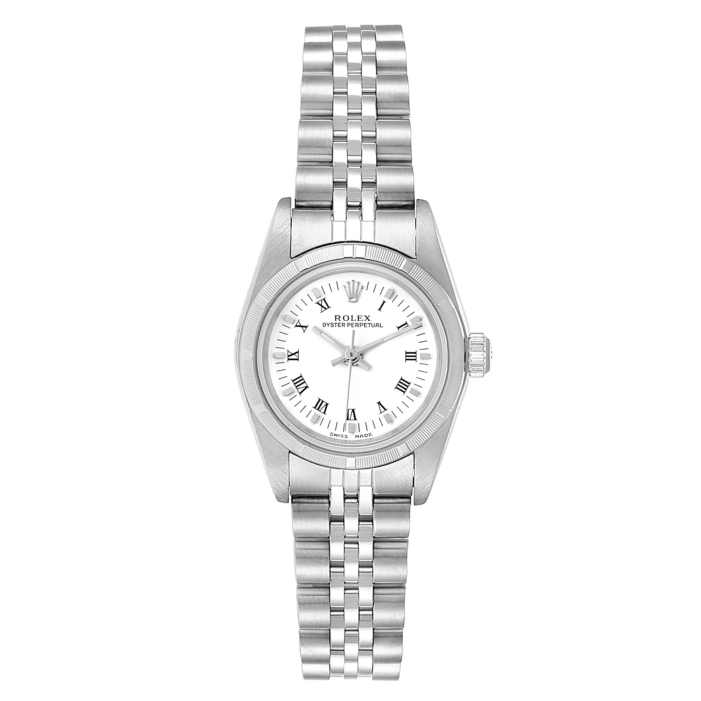 The image shows a frontal view of a Rolex Oyster Perpetual 76030 Women
s Stainless Steel White Dial 76030 Women
s Stainless Steel White Dial watch, displaying its face, bezel, and bracelet.