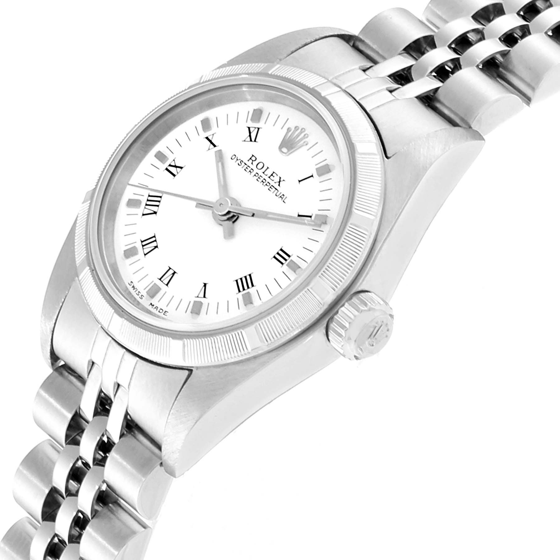 The image shows a close-up angle of the Rolex Oyster Perpetual 76030 Women
s Stainless Steel White Dial 76030 Women
s Stainless Steel White Dial watch, highlighting the dial, bezel, crown, and bracelet.