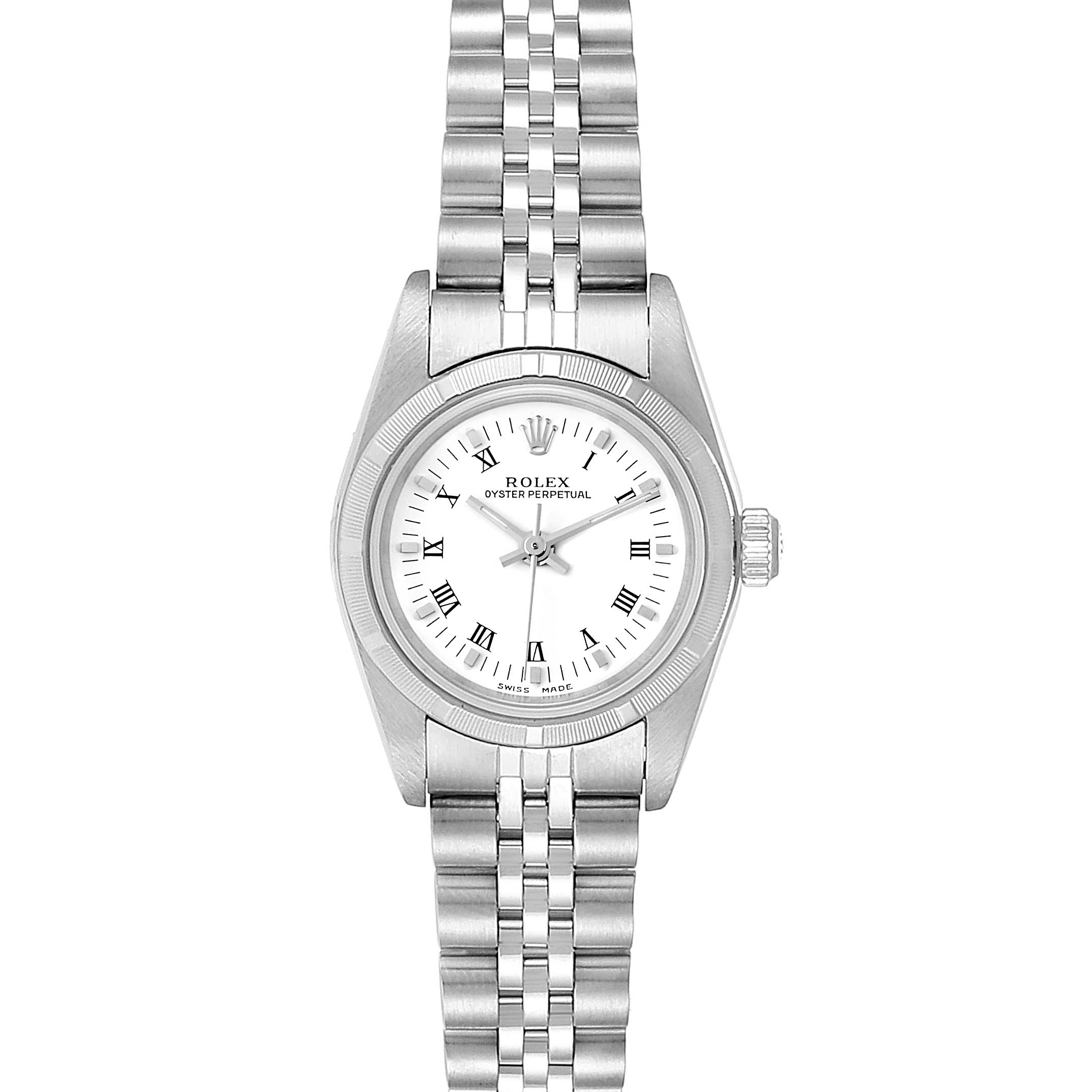 The image shows a front view of a Rolex Oyster Perpetual 76030 Women
s Stainless Steel White Dial 76030 Women
s Stainless Steel White Dial watch, displaying its face, bezel, crown, and bracelet.