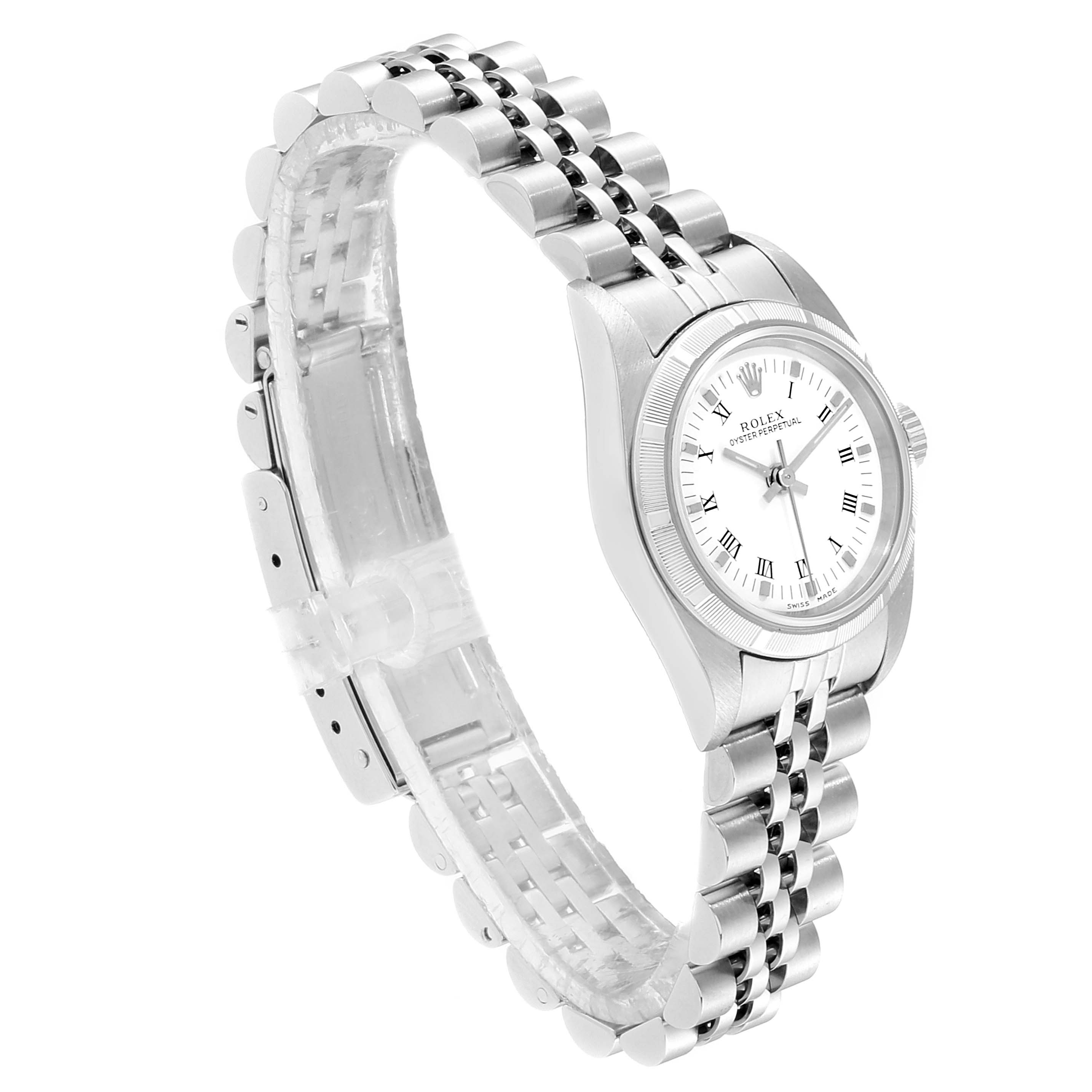 This image shows a side angle view of a Rolex Oyster Perpetual 76030 Women
s Stainless Steel White Dial 76030 Women
s Stainless Steel White Dial watch, highlighting the face, bezel, and bracelet band.