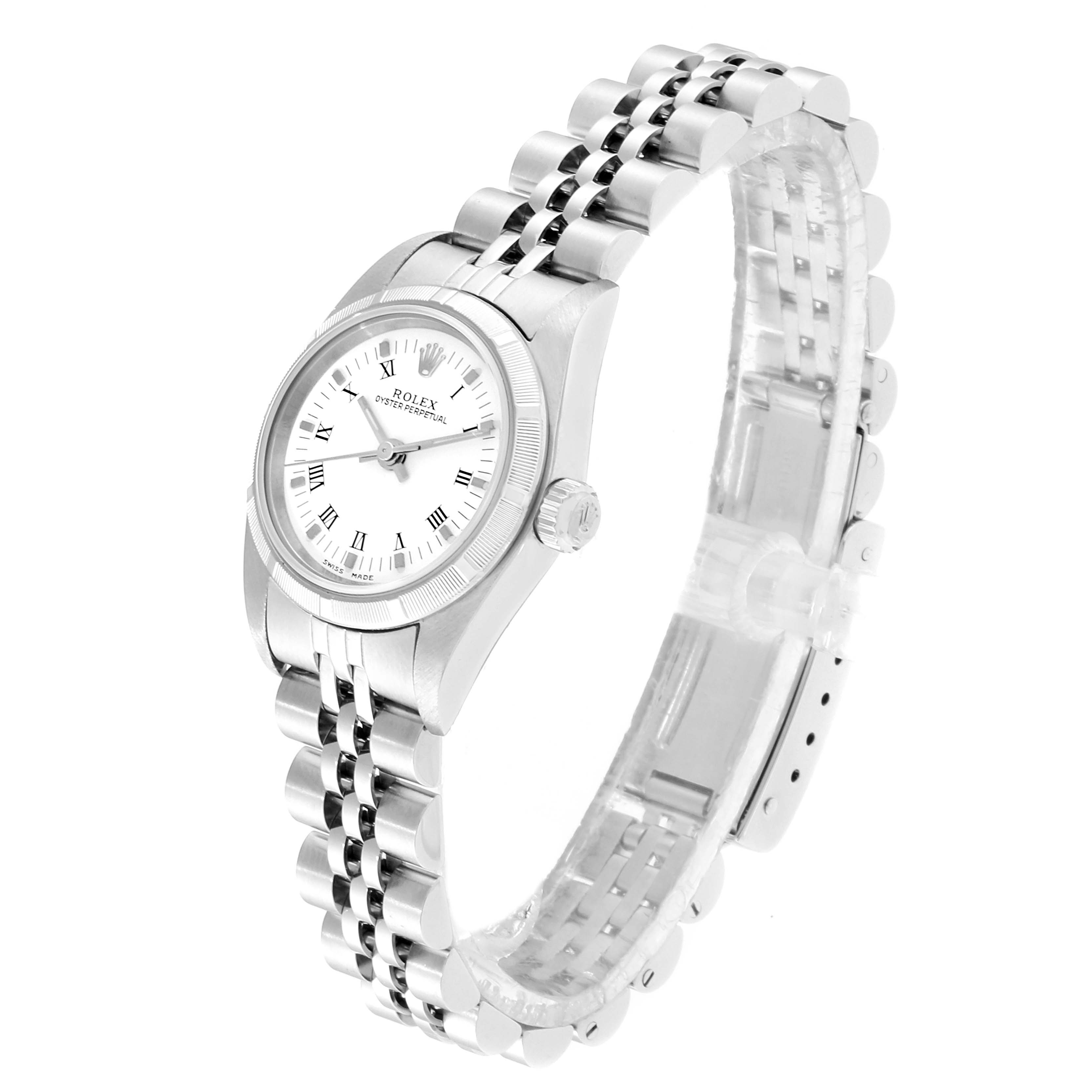The image shows a Rolex Oyster Perpetual 76030 Women
s Stainless Steel White Dial 76030 Women
s Stainless Steel White Dial watch facing slightly to the left, displaying the face, bezel, and partly the bracelet.
