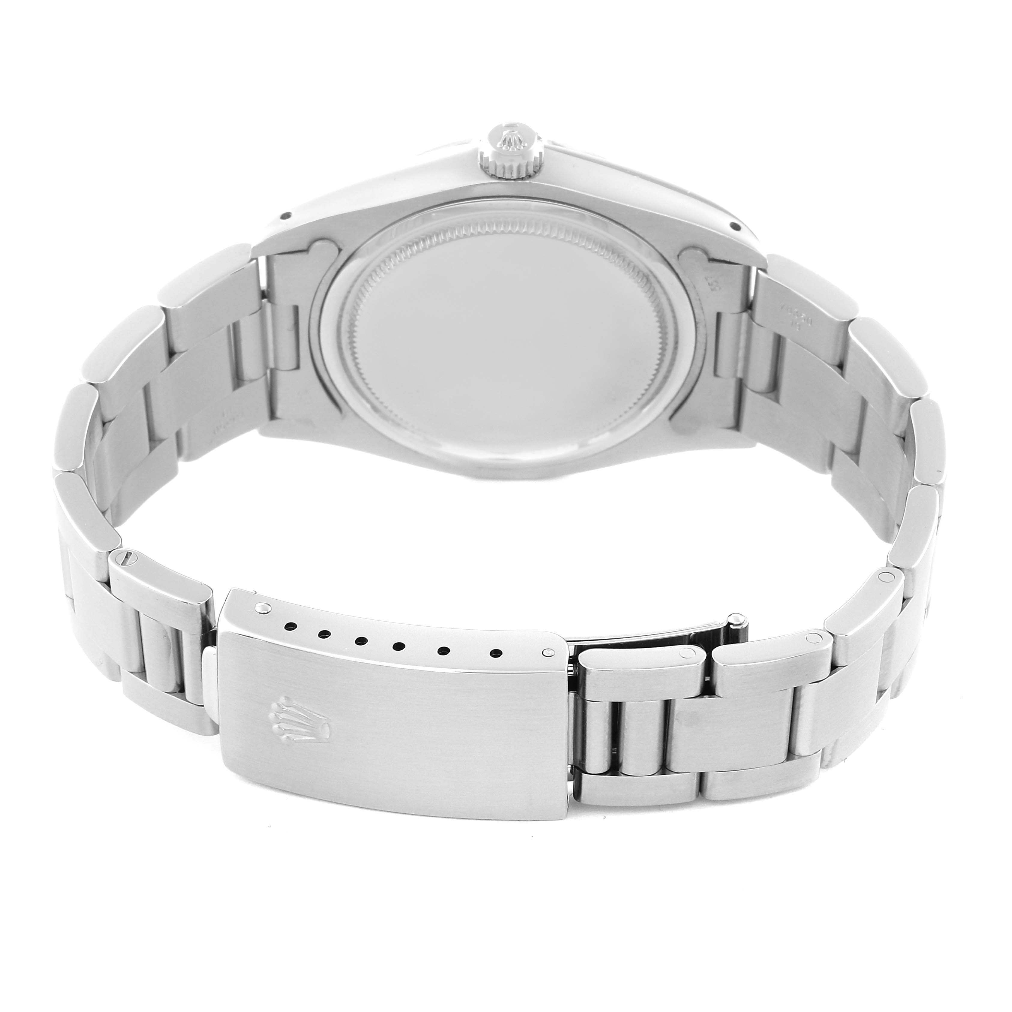 The image shows the back view of the Rolex Vintage Collection 6694 Men's Stainless Steel Silver Dial 6694 Men's Stainless Steel Silver Dial watch, focusing on the case back and the clasp of the metal bracelet.