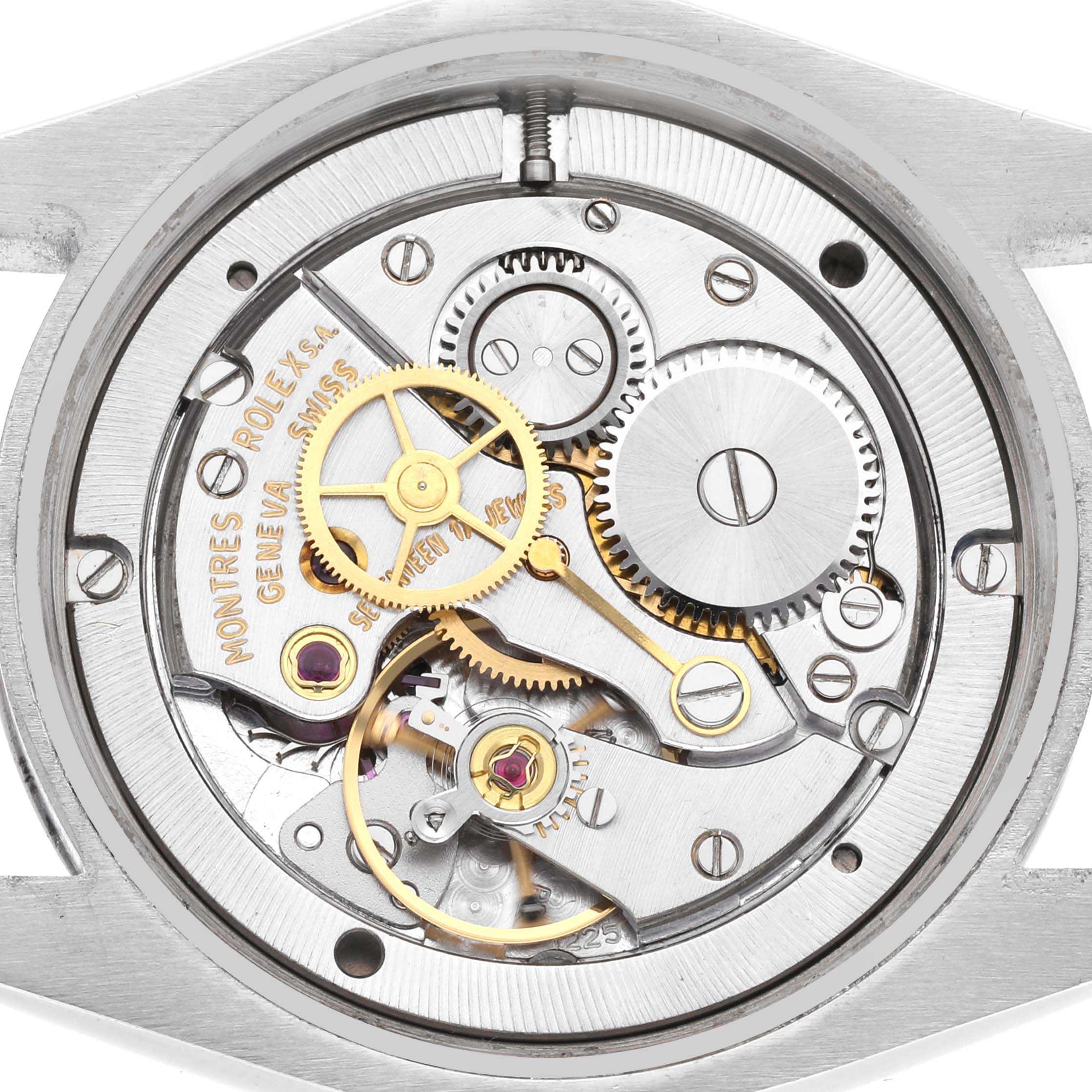 This is a close-up view of the inner mechanisms and gears of the Vintage Collection model by Rolex.