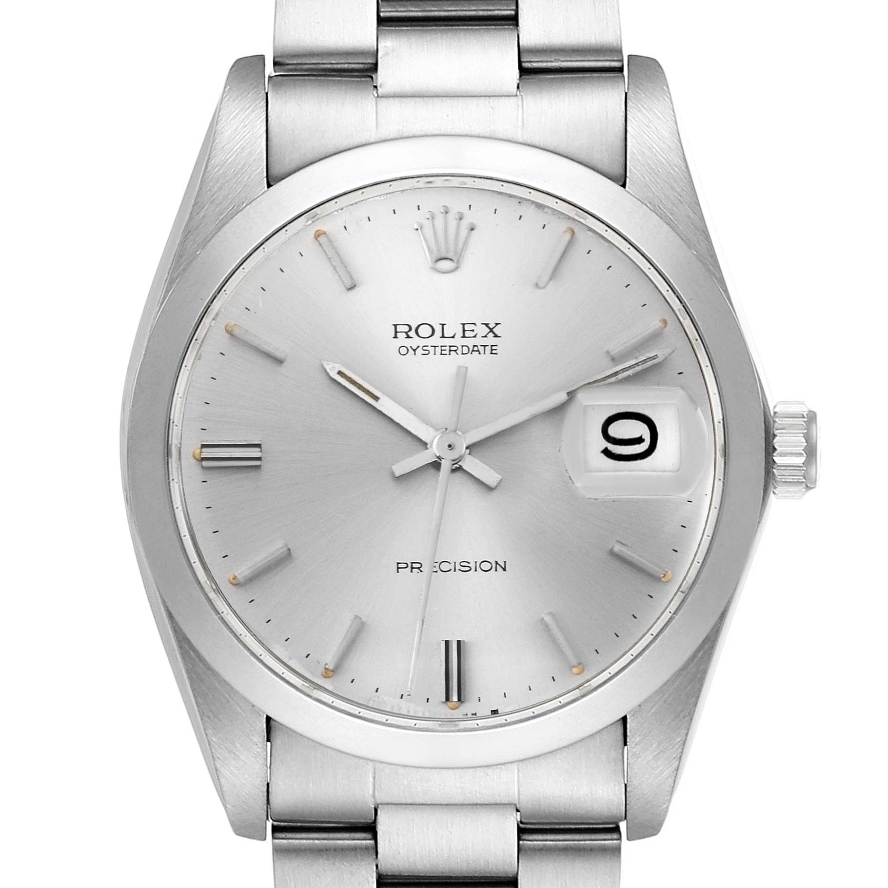 The image shows a front view of the Rolex Vintage Collection 6694 Men's Stainless Steel Silver Dial 6694 Men's Stainless Steel Silver Dial Oysterdate Precision watch displaying the dial and part of the metal bracelet.