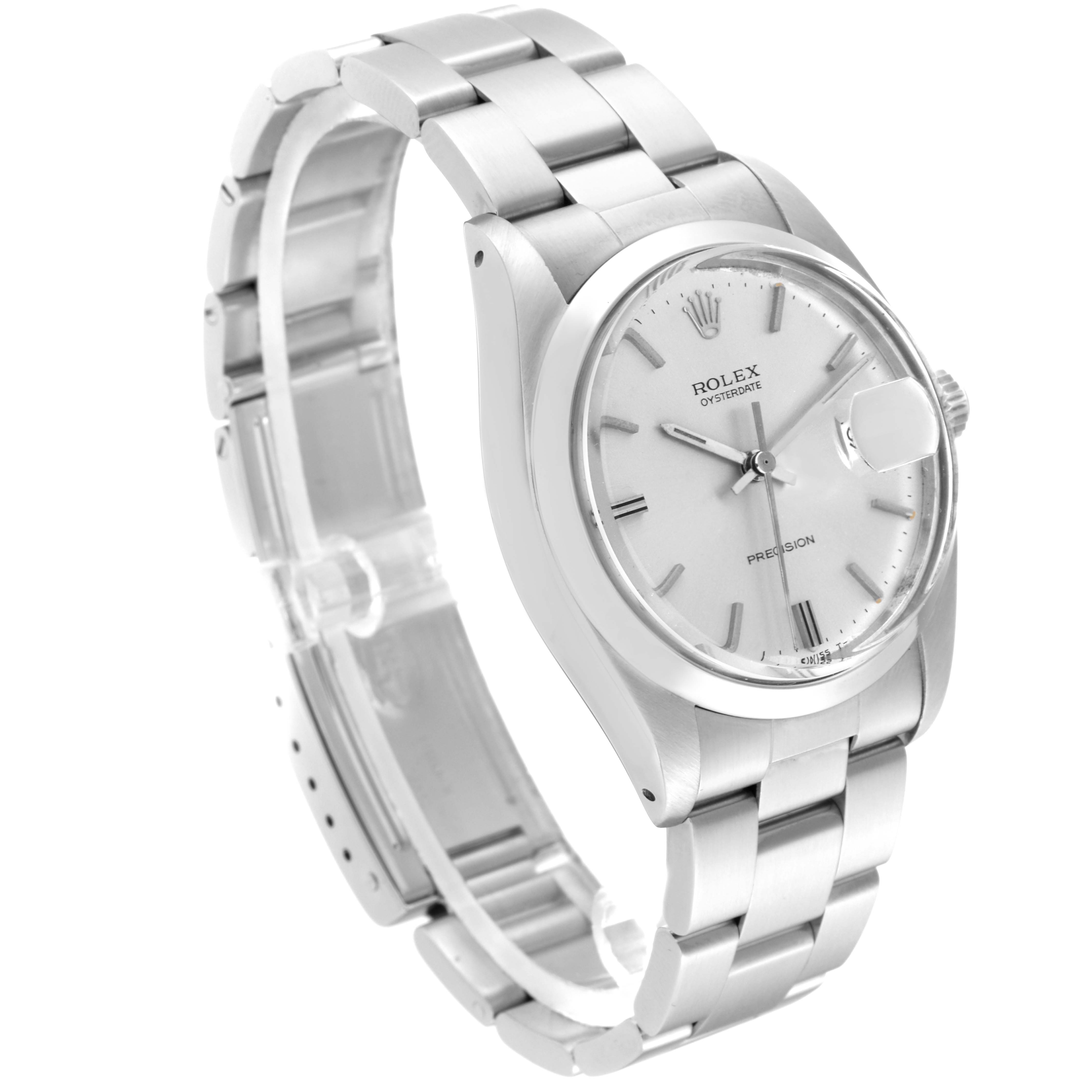 This image shows a side angle of the Rolex Vintage Collection 6694 Men's Stainless Steel Silver Dial 6694 Men's Stainless Steel Silver Dial watch, highlighting its stainless steel bracelet and dial.