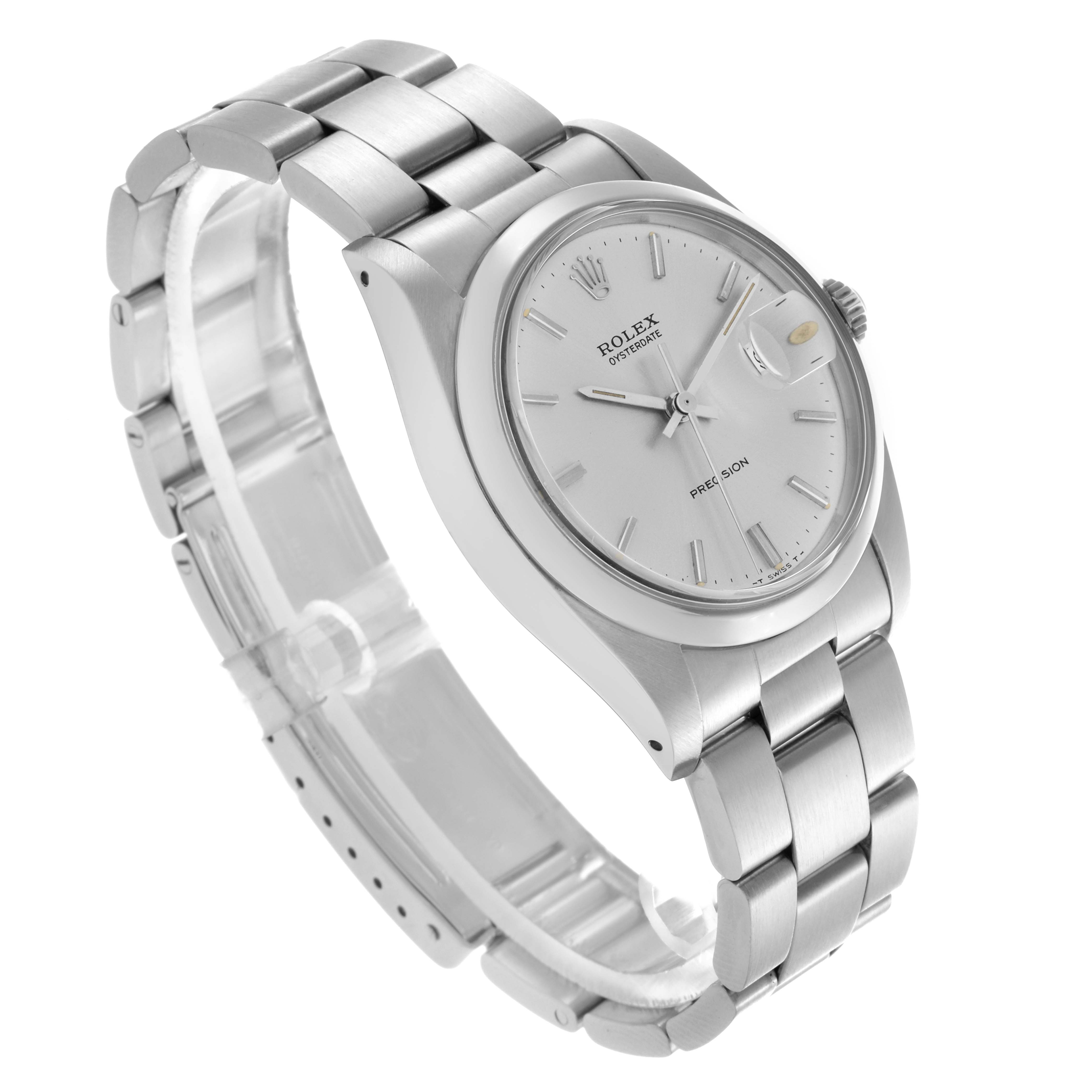 The Rolex Date 6694 Men's Stainless Steel Silver Dial 6694 Men's Stainless Steel Silver Dial model watch is shown at a three-quarter angle, displaying the face, bezel, crown, and bracelet.