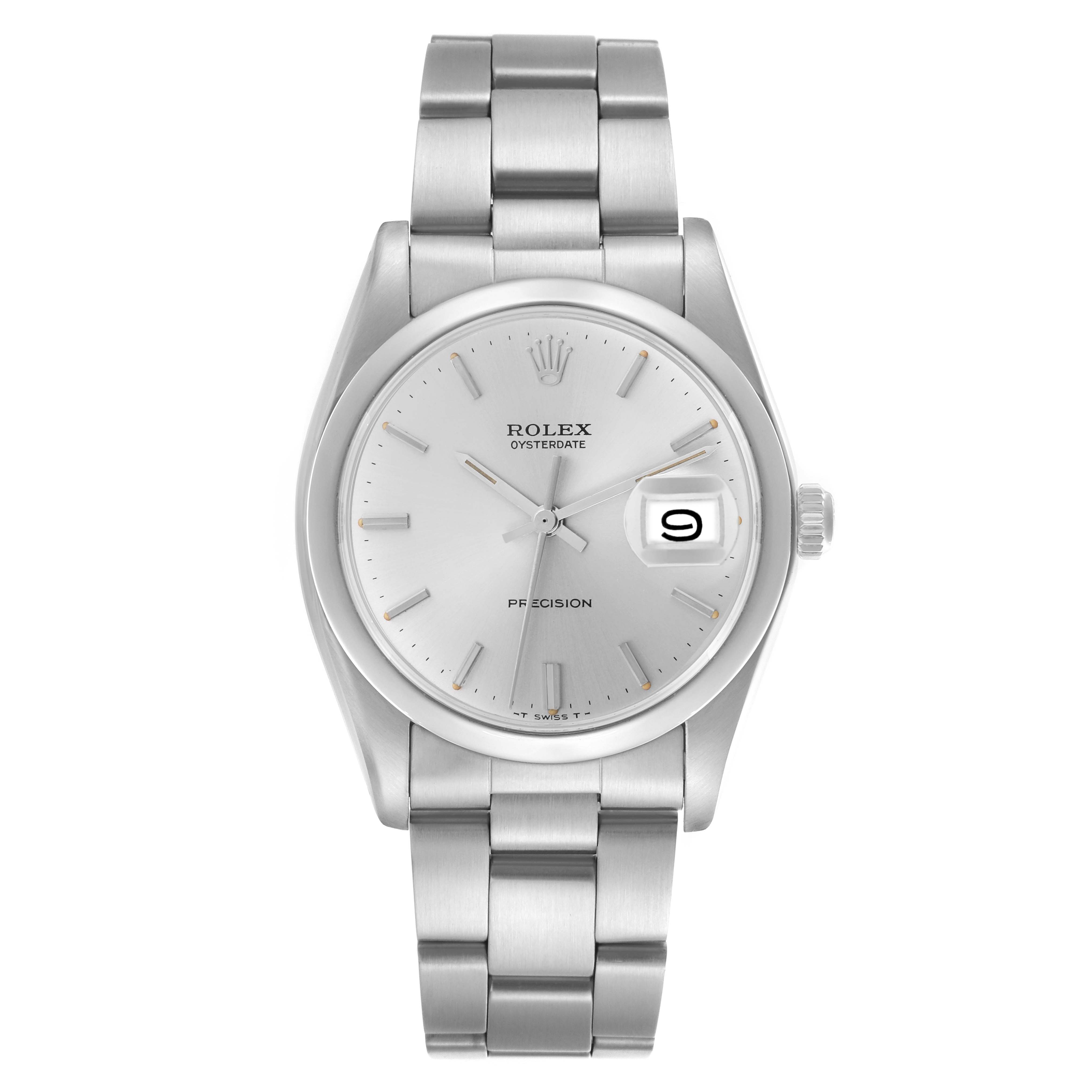 The Rolex Date 6694 Men's Stainless Steel Silver Dial 6694 Men's Stainless Steel Silver Dial Watch is shown from the front, displaying the dial, hands, date window, and metal bracelet.