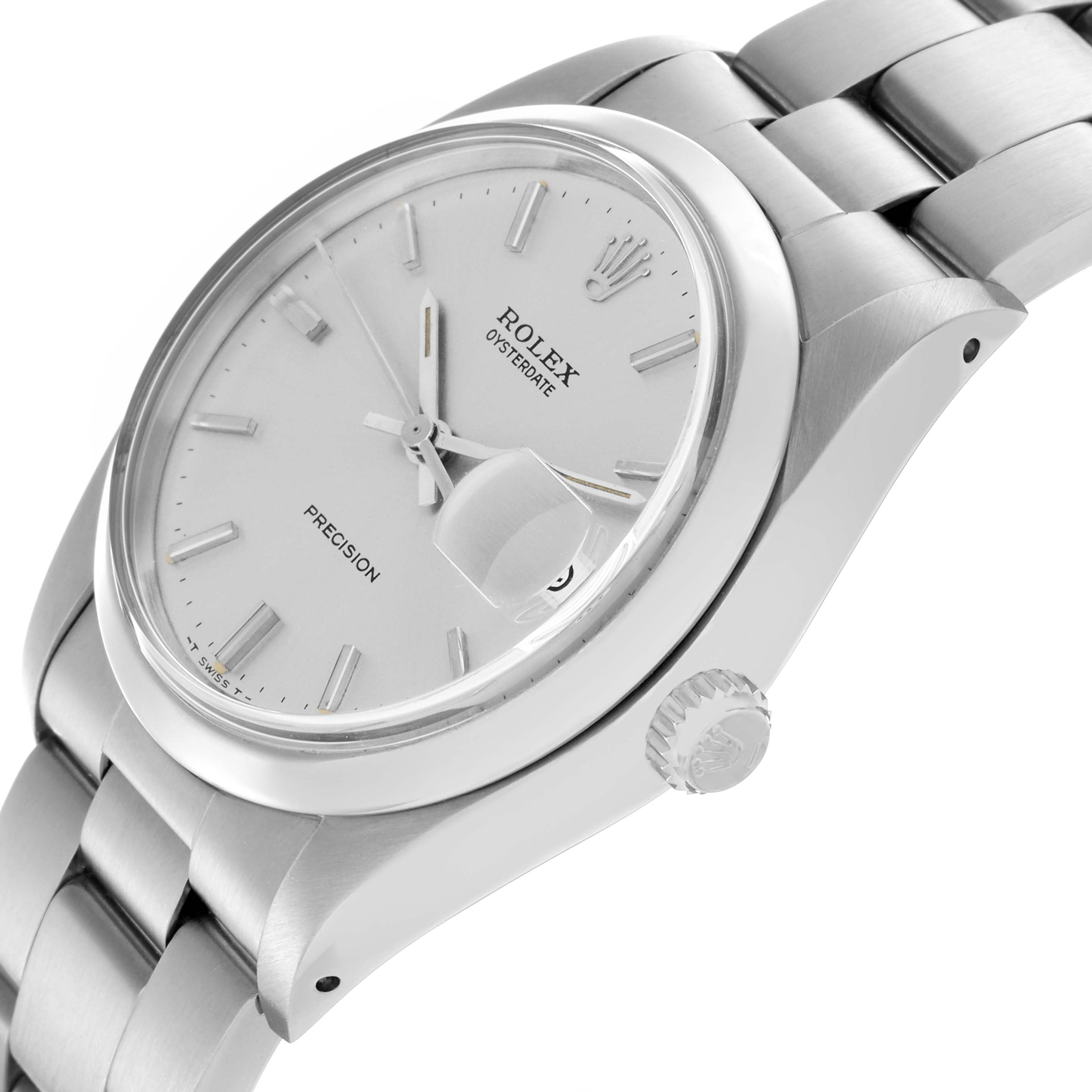 The Rolex Date 6694 Men's Stainless Steel Silver Dial 6694 Men's Stainless Steel Silver Dial watch is shown from a diagonal side angle, highlighting the dial, bezel, and part of the bracelet.