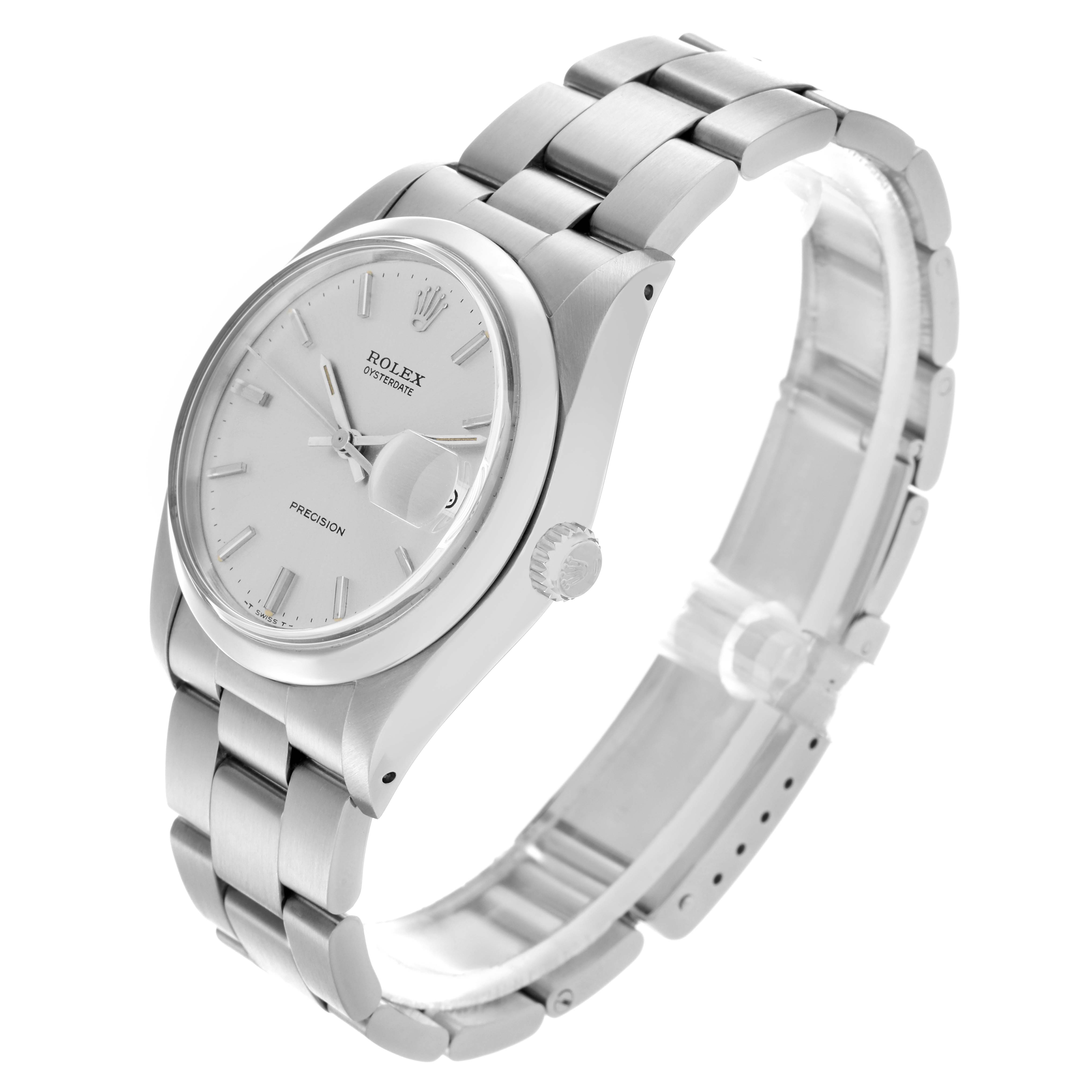 The Rolex Date 6694 Men's Stainless Steel Silver Dial 6694 Men's Stainless Steel Silver Dial model watch is shown from a three-quarter angle, highlighting its dial, bracelet, and crown.