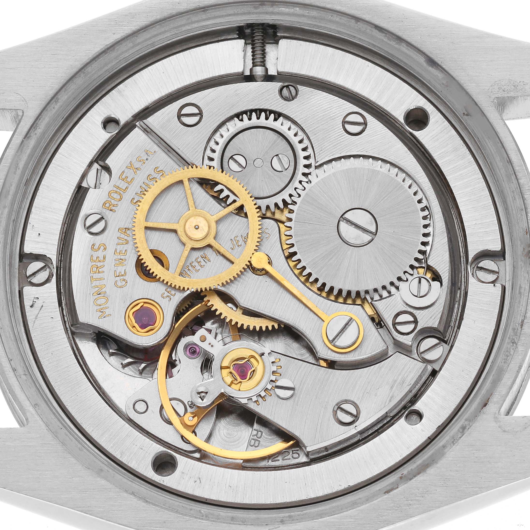 This image shows the movement of a Rolex Date 6694 Men's Stainless Steel Silver Dial 6694 Men's Stainless Steel Silver Dial model from a top-down angle, highlighting gears and mechanical components.