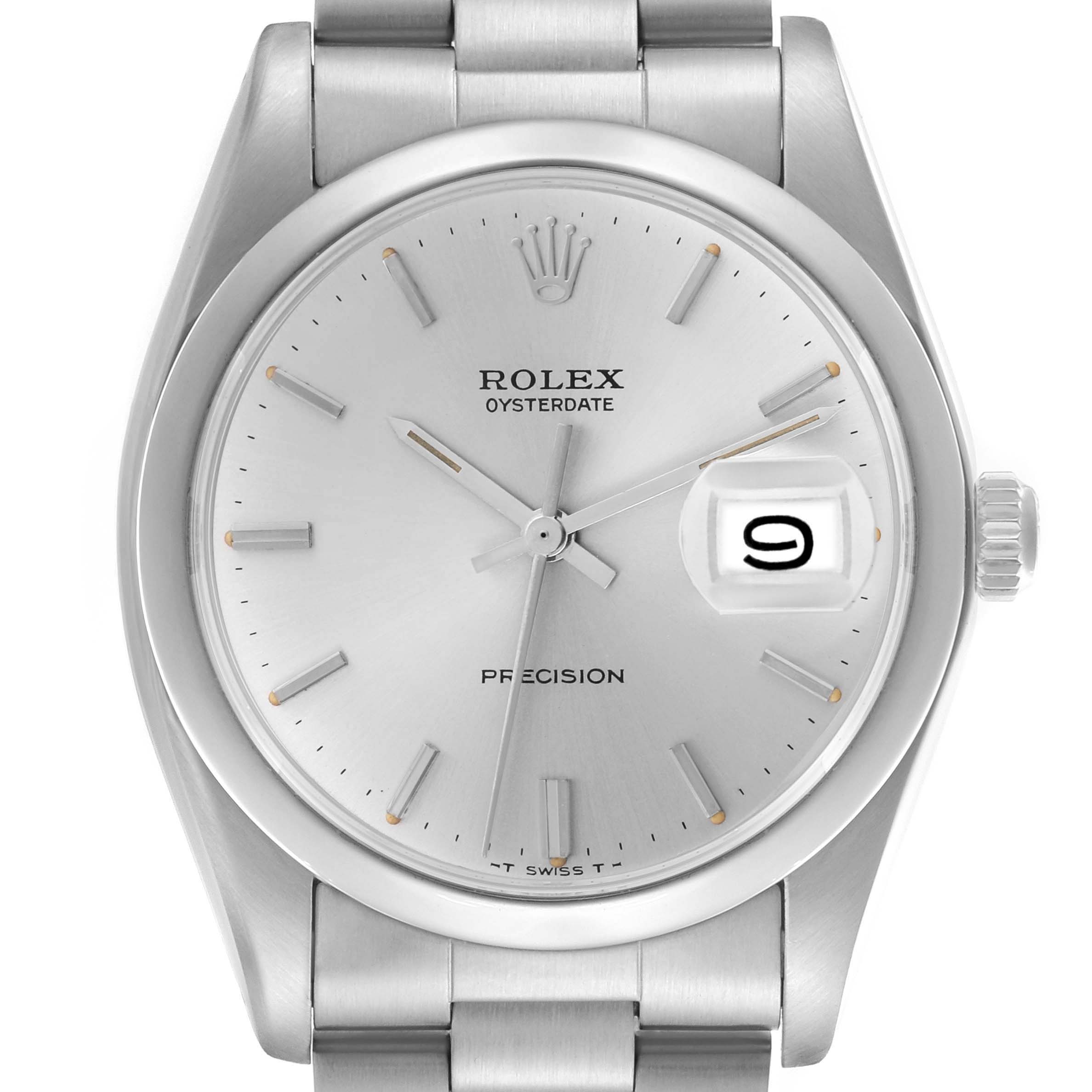 The Rolex Date 6694 Men's Stainless Steel Silver Dial 6694 Men's Stainless Steel Silver Dial watch is shown from a front angle, highlighting the dial, hands, and bracelet.
