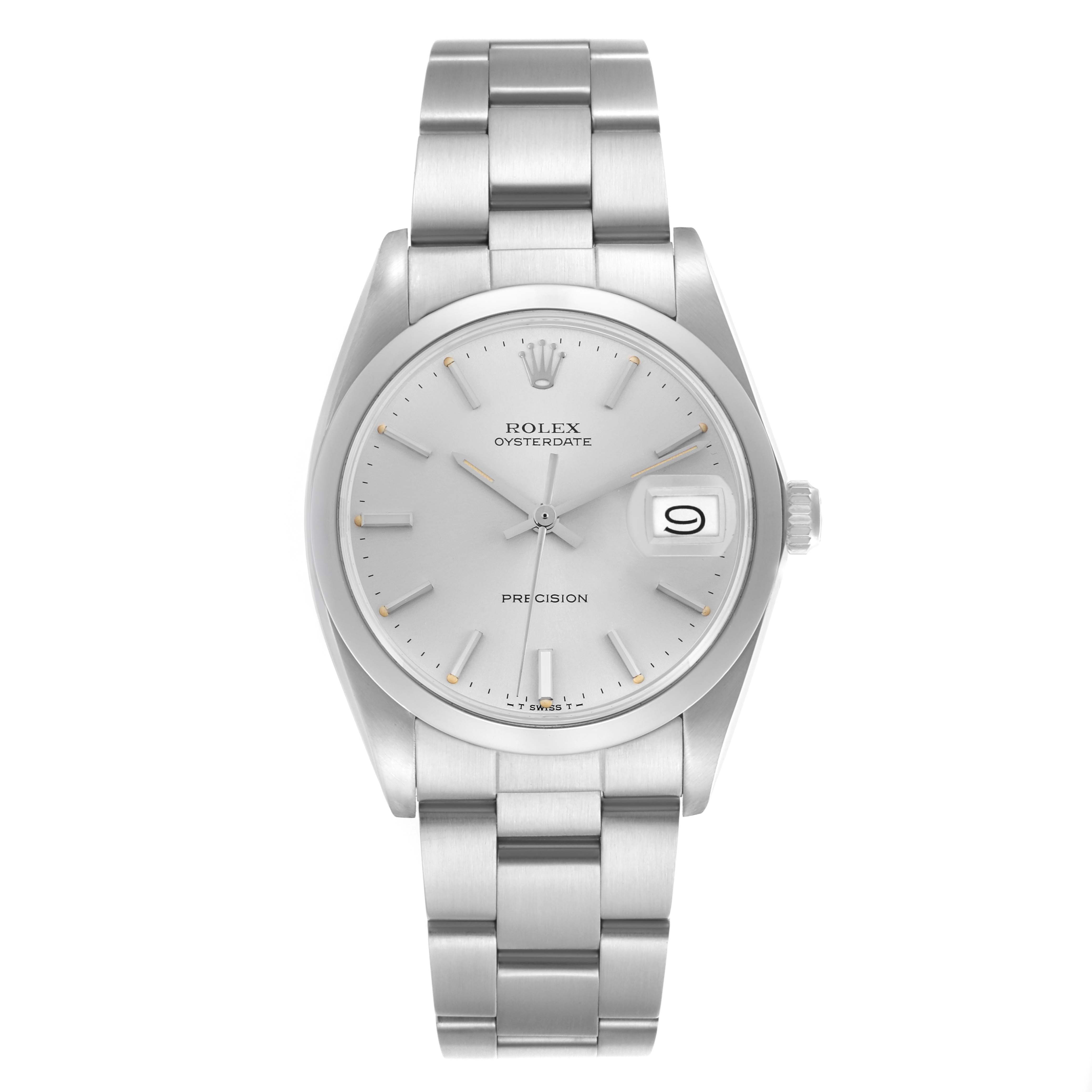 The Rolex Date 6694 Men's Stainless Steel Silver Dial 6694 Men's Stainless Steel Silver Dial model is shown from a top-down angle, highlighting its face, bracelet, and date window.
