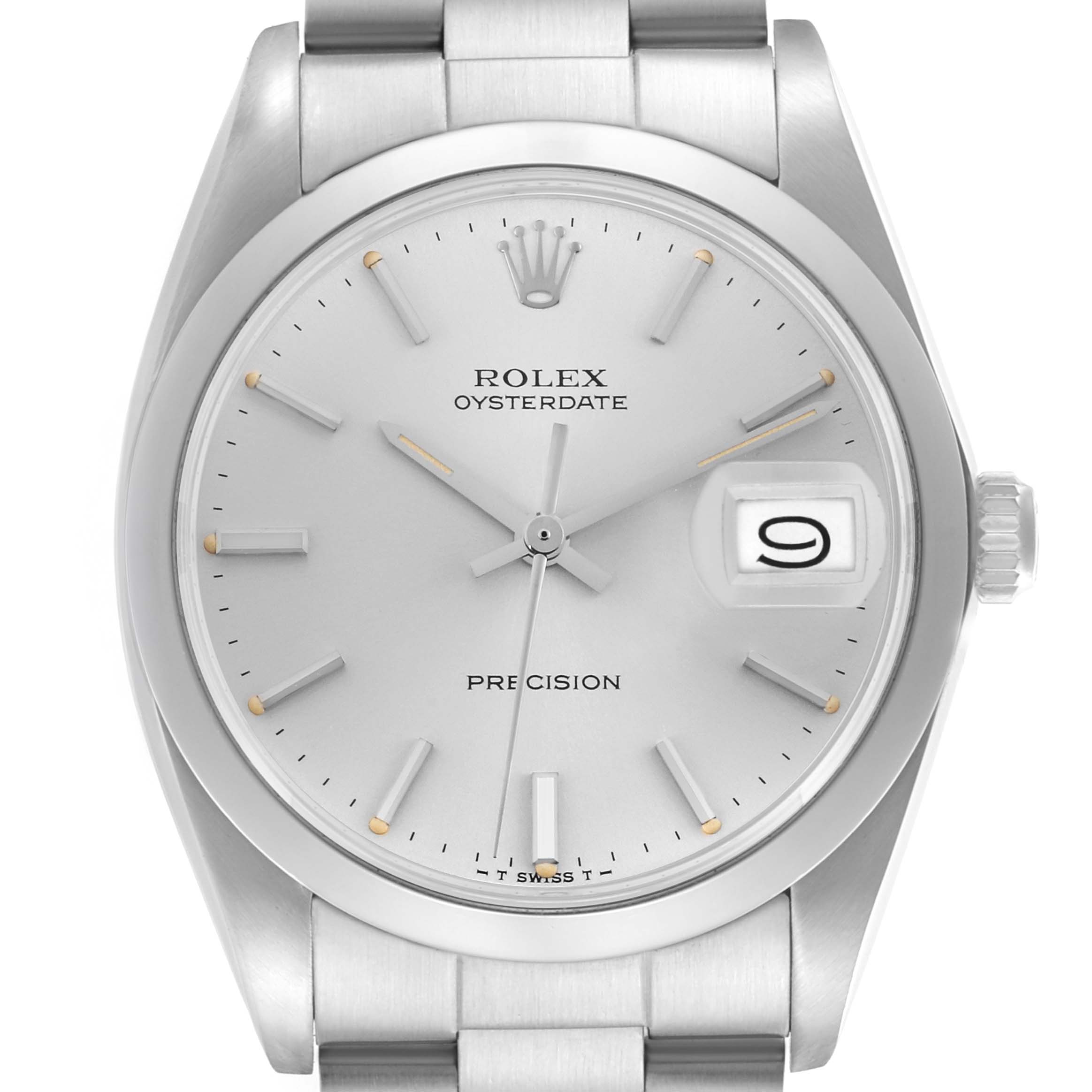The Rolex Date 6694 Men's Stainless Steel Silver Dial 6694 Men's Stainless Steel Silver Dial model is shown from a front angle, displaying the dial, date window, hands, and part of the bracelet.