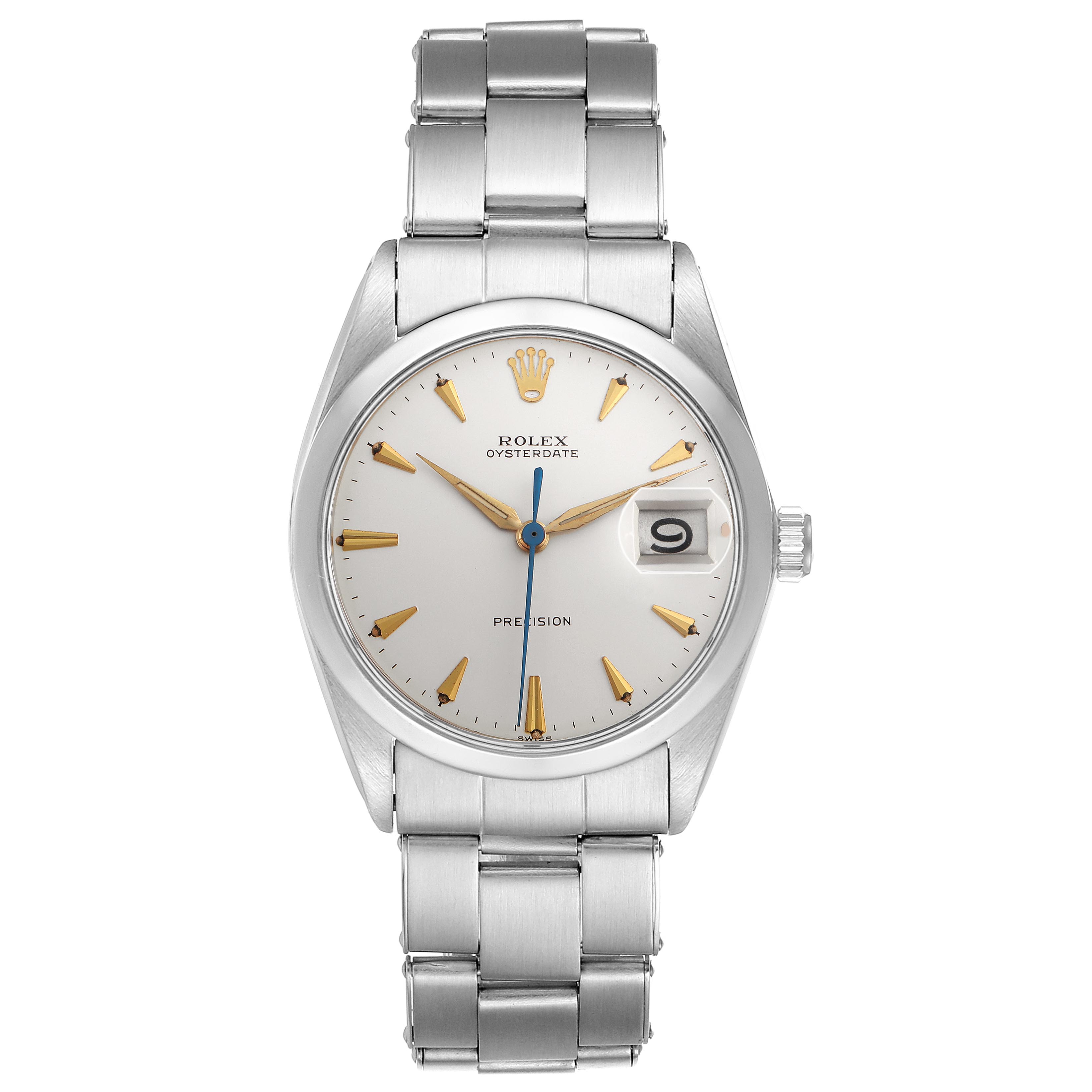 The Rolex Date 6694 Men's Stainless Steel Silver Dial 6694 Men's Stainless Steel Silver Dial model is shown from the front, displaying the face, crown, and part of the bracelet.