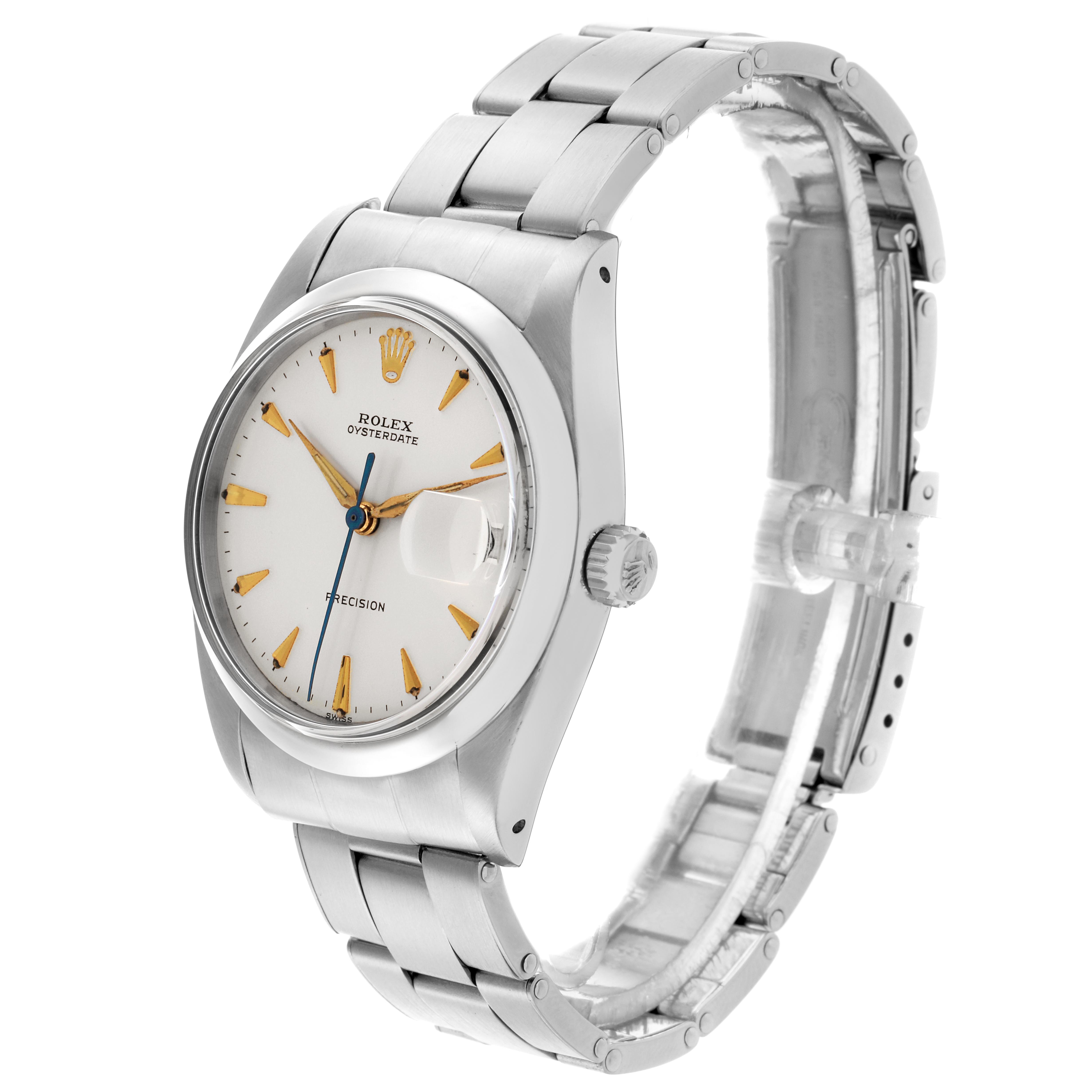 The Rolex Date 6694 Men's Stainless Steel Silver Dial 6694 Men's Stainless Steel Silver Dial model is shown at an angled side view, displaying the dial, bezel, crown, and bracelet.