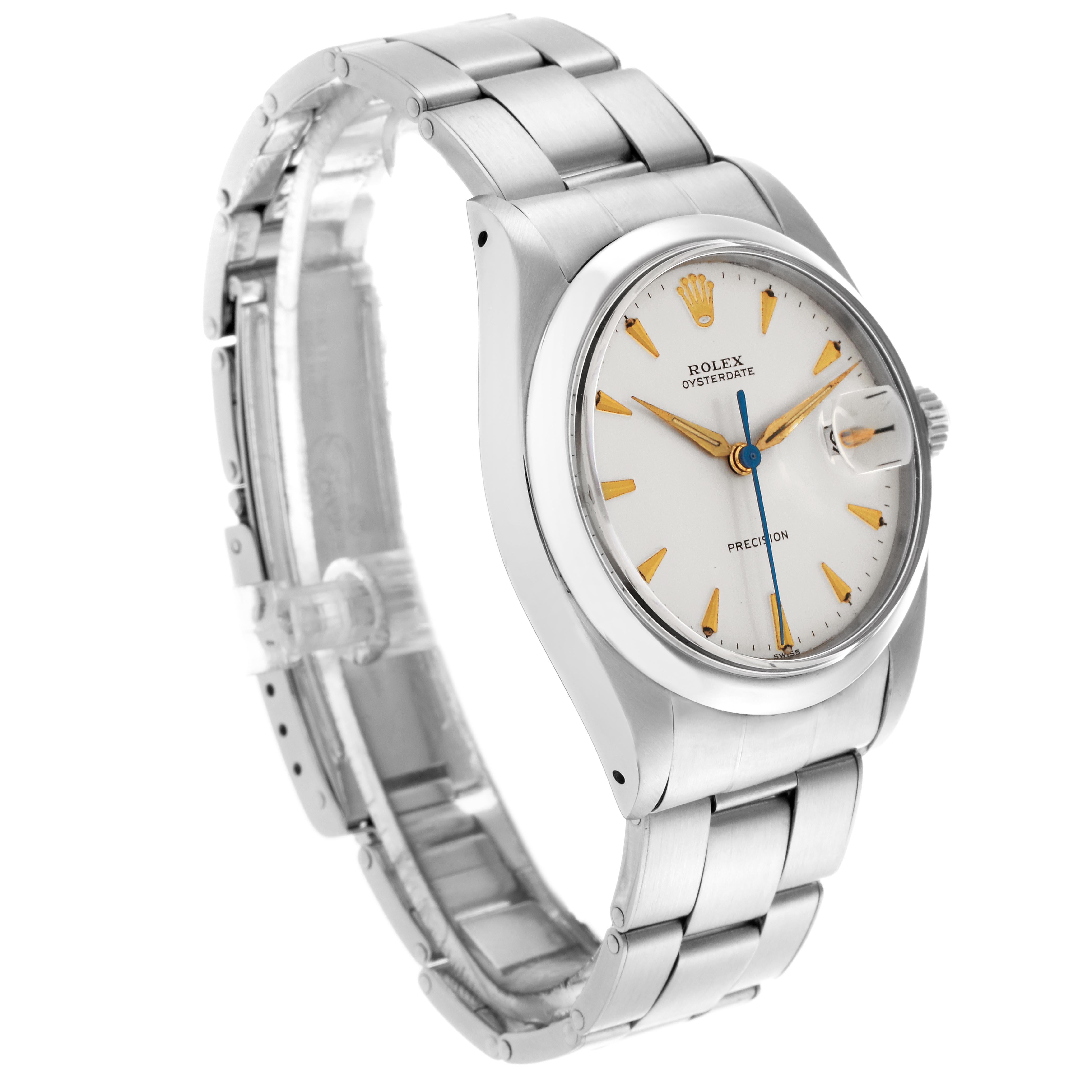 The Rolex Date 6694 Men's Stainless Steel Silver Dial 6694 Men's Stainless Steel Silver Dial model watch is shown at a three-quarter angle, highlighting the bracelet, bezel, and dial.