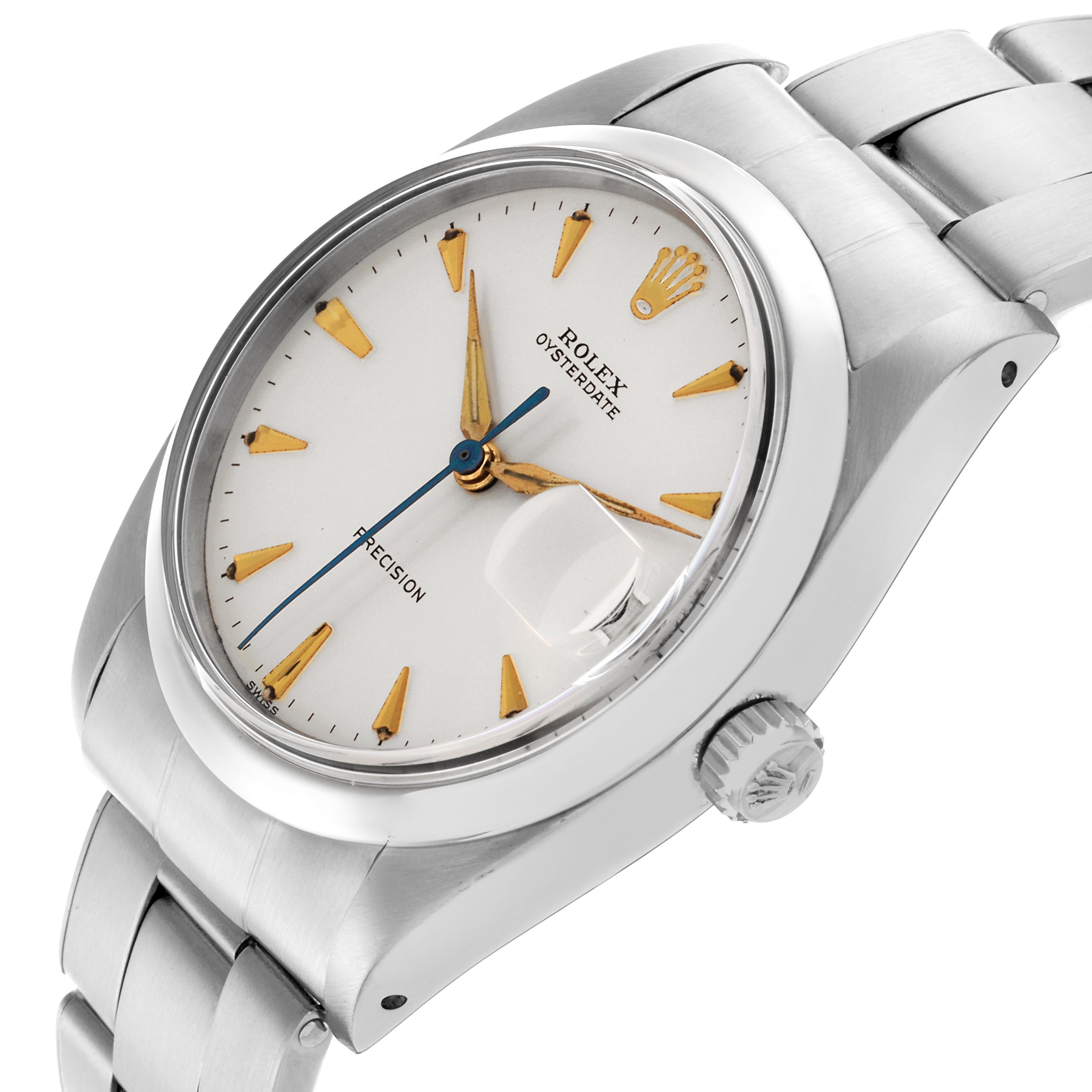 The Rolex Date 6694 Men's Stainless Steel Silver Dial 6694 Men's Stainless Steel Silver Dial watch is shown at a slight angle, highlighting the dial, case, crown, and part of the bracelet.