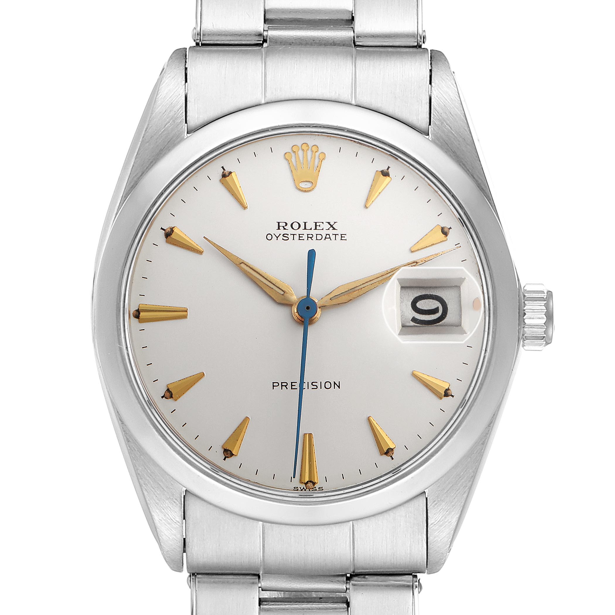 The Rolex Date 6694 Men's Stainless Steel Silver Dial 6694 Men's Stainless Steel Silver Dial model is shown from the front, displaying the dial, hands, date window, crown, and part of the bracelet.
