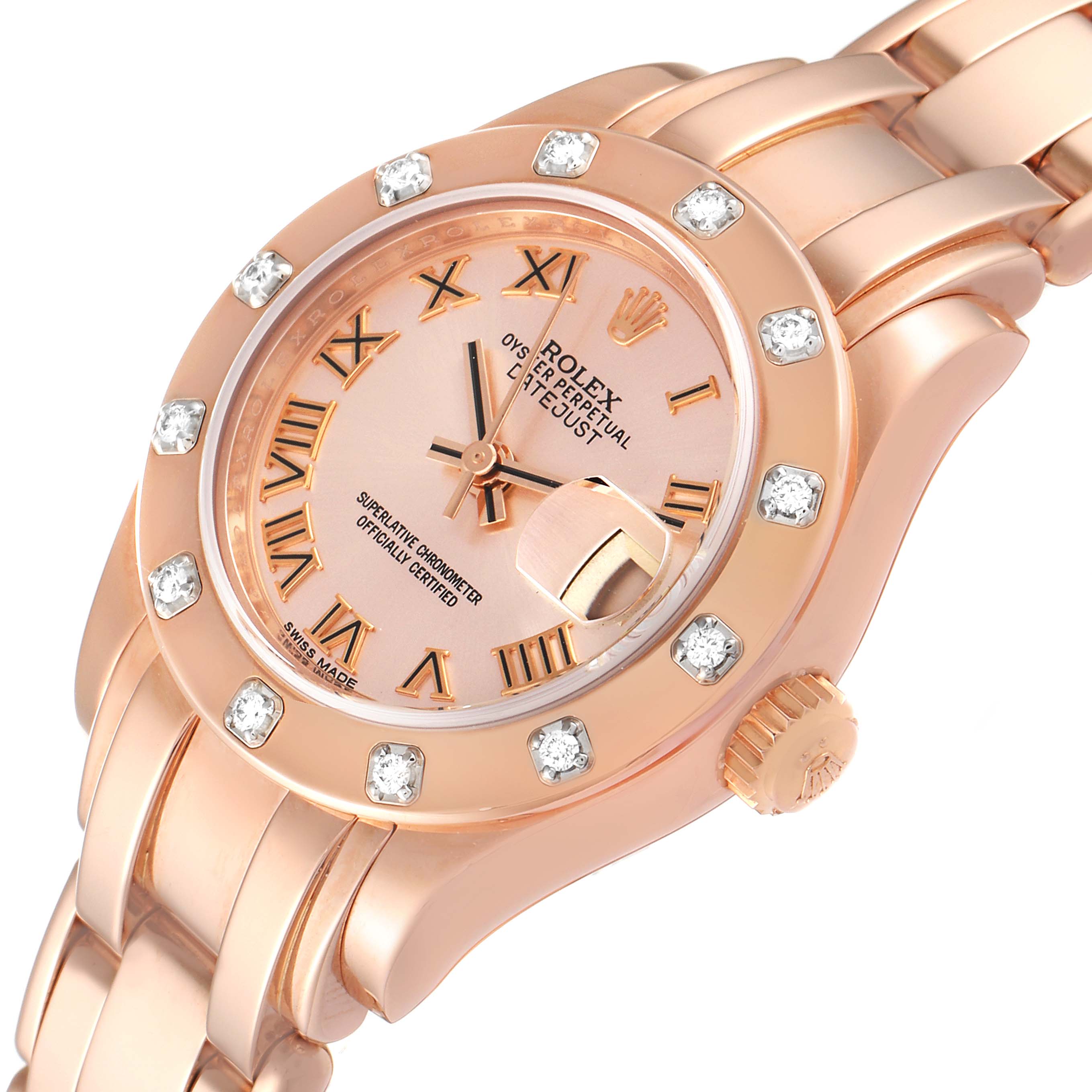 This is a close-up angle of the Rolex Pearlmaster 80315 Women's Rose Gold Pink Dial 80315 Women's Rose Gold Pink Dial watch, showing the dial, bezel, crown, and part of the bracelet.